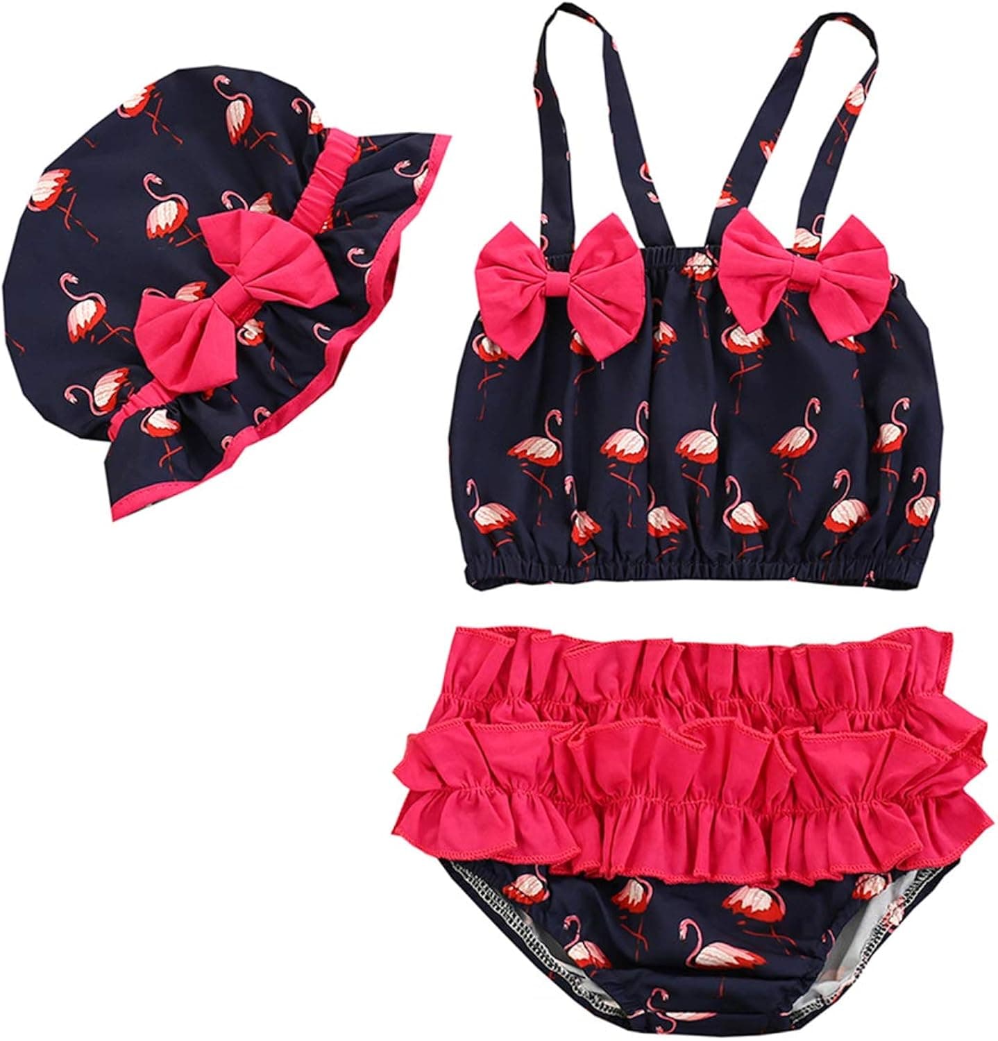 Newborn Baby Girl Swimsuit Sleeveless Flamingo Print Crop Top Ruffle Shorts Hat 3Pcs Summer Bathing Suit