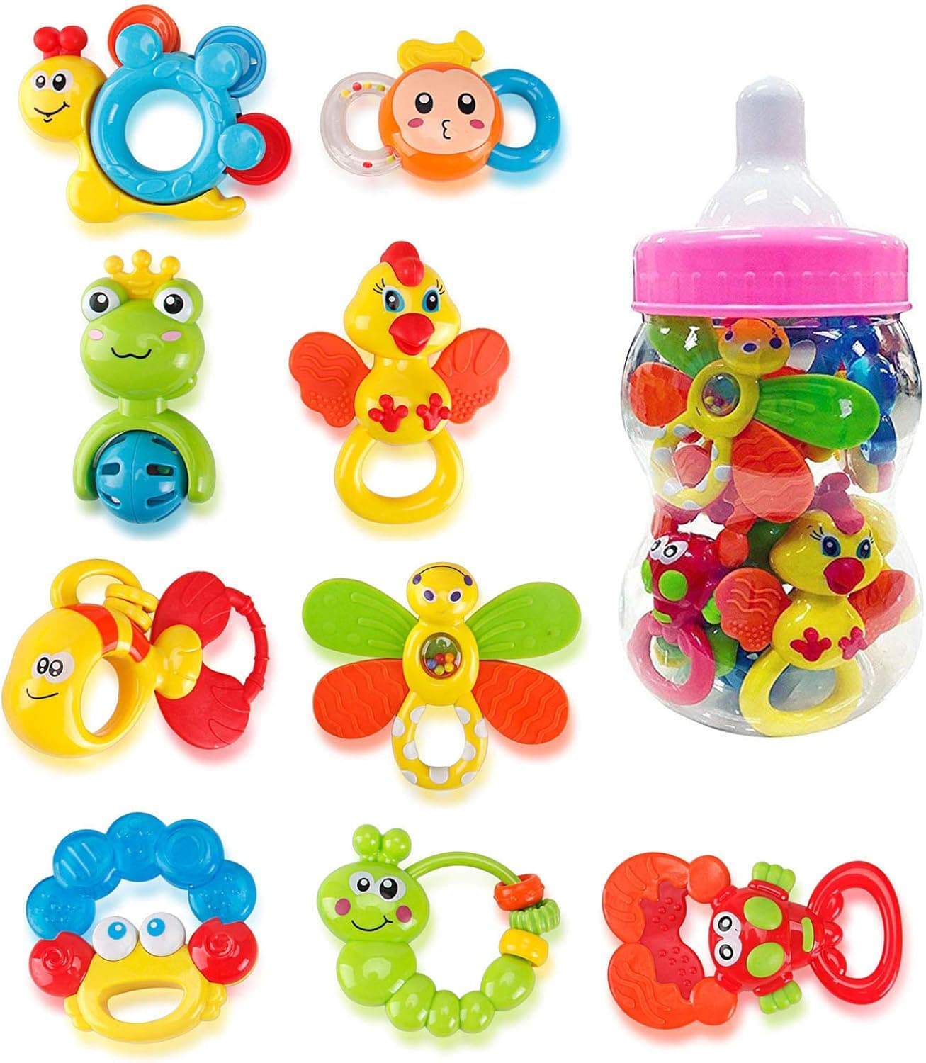 Deluxe 9 Piece Baby Rattles Teether and Shakers in Pink Milk Bottle - Grab and Spin Musical Fun Toy Gift Set - Early Educational Toys for 3, 6, 9, 12 Month Infant Girls, Newborn, Toddler