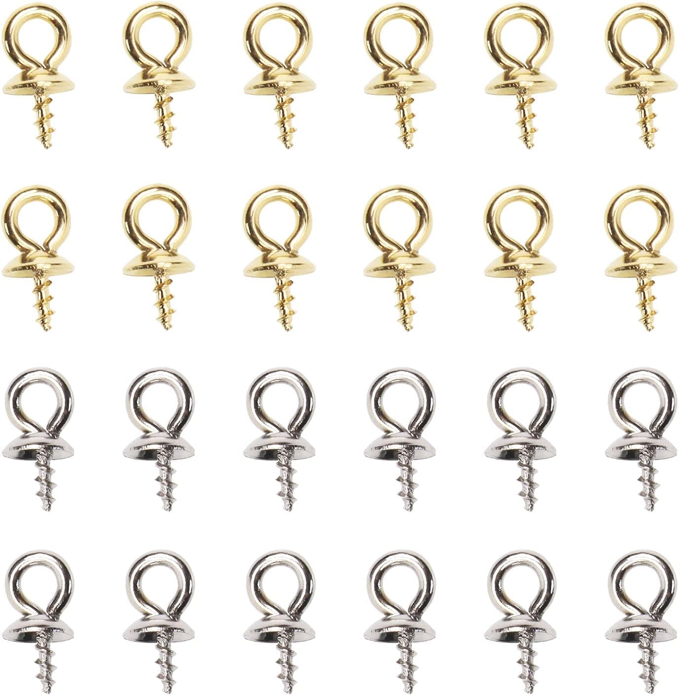 Pearl Pins Peg 60PCS Stainless Steel Cup Small Screw Eye Bail Pendants Connector Mini Metal Eyelets Screw Threaded Clasp Hook for Half Drilled Beads Charms Jewelry Making DIY (Gold&Silver, 4x8mm)