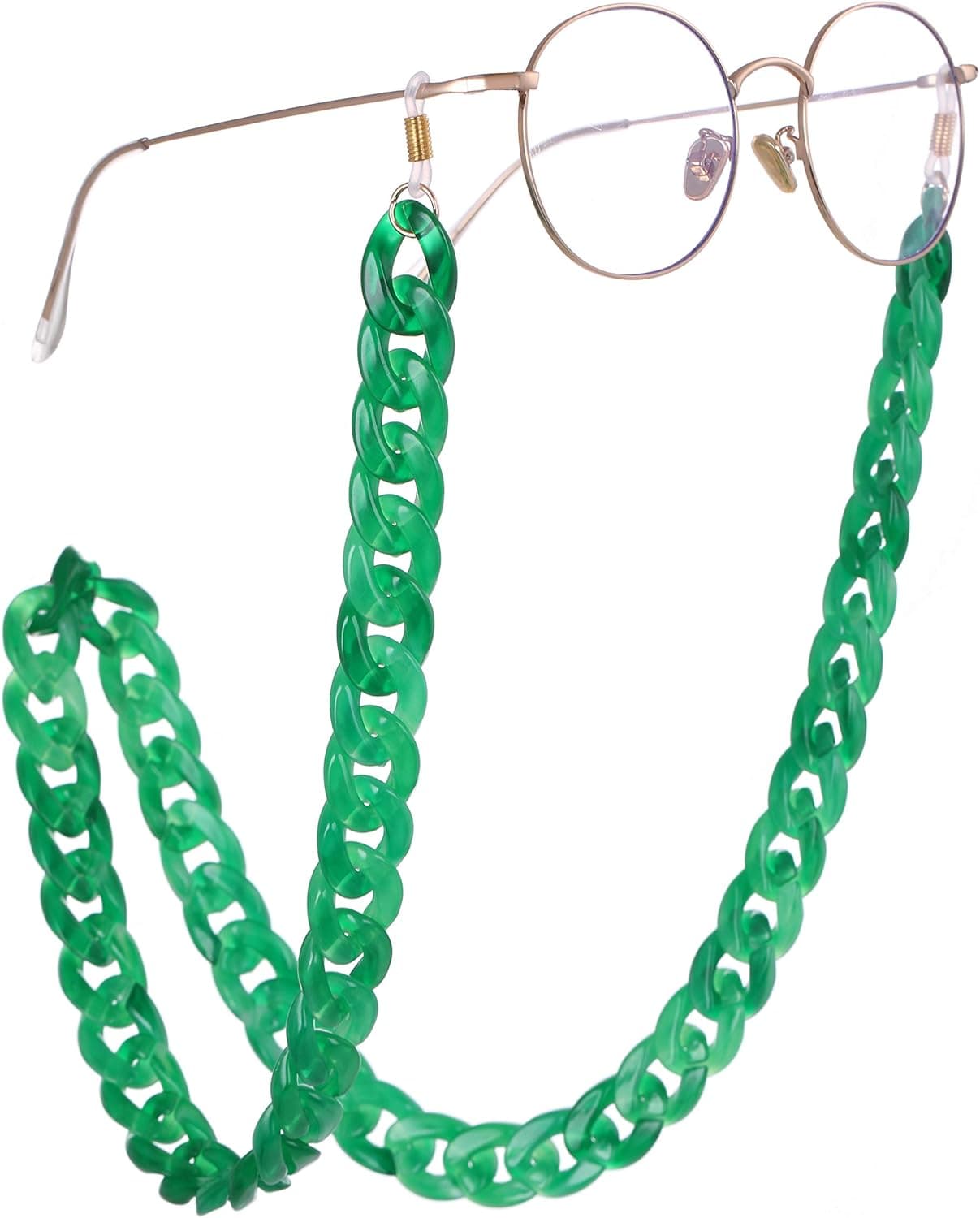 LIKGREAT Sunglasses Chain Personalized Colorful Reading Eyeglass Holder for Women Long Necklace Fashion Accessories (Green, Gold-Plated-Base)