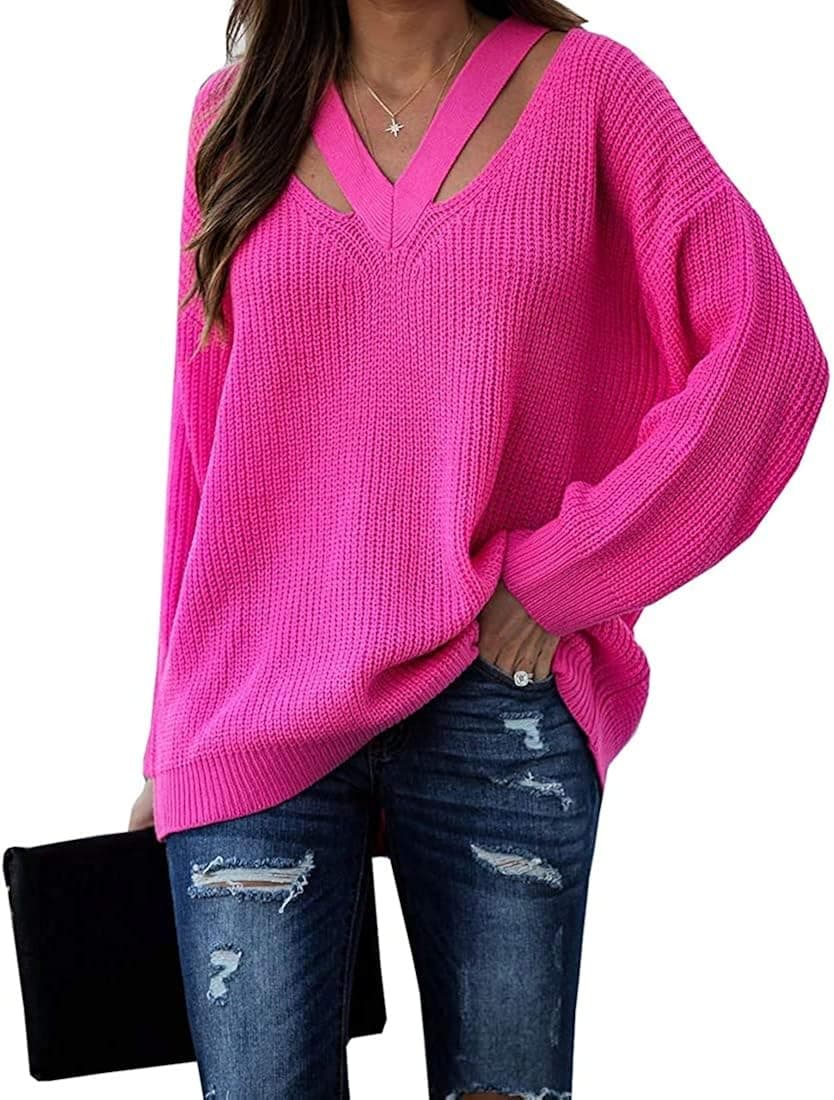 Cicy Bell Women's V Neck Sweaters Hollow Out Long Sleeve Casual Knit Pullover Jumper Tops