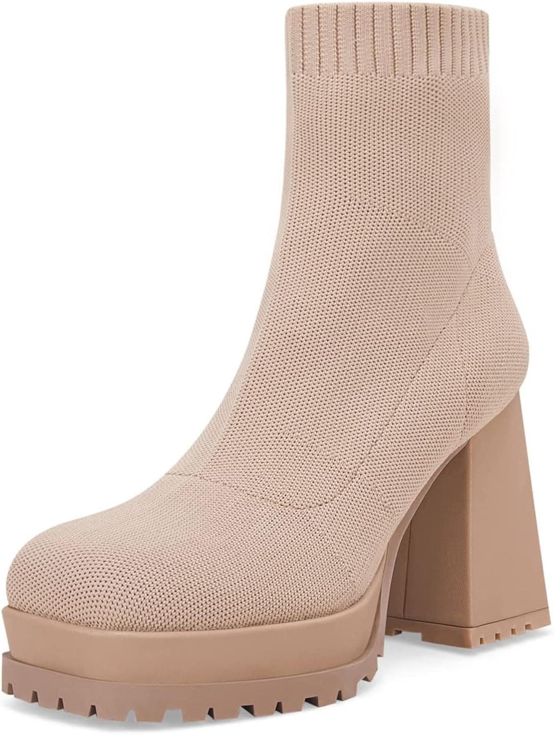 Womens Platform Sock Ankle Boots Square Toe Chunky Block Heel Elastic Knit Slip On Booties Shoes