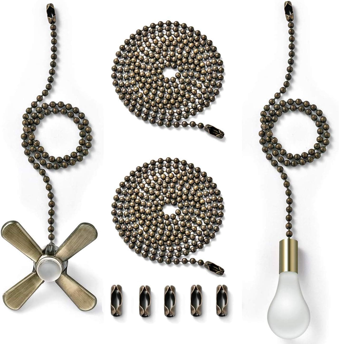 Canomo 2 Pieces 12 Inchs Bulb & Fan Shaped Lighting Ceiling Fan Pull Chain with 2 Pieces 3 Feet Bead Pull Chain and 5 Pieces Extra Connectors, Antique Brass