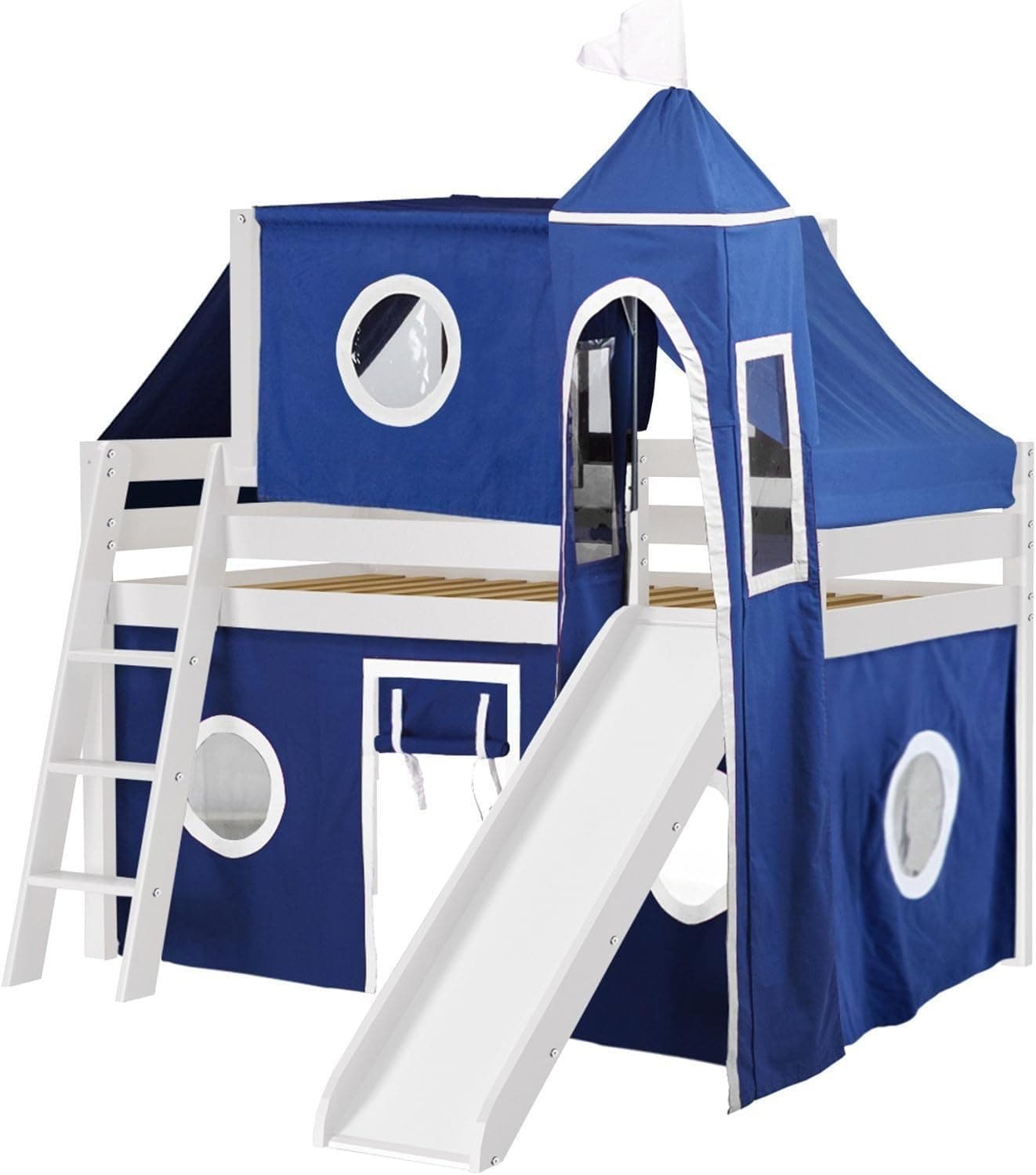 Jackpot Castle Low Loft White Bed with Slide, Blue and White Tent and Tower