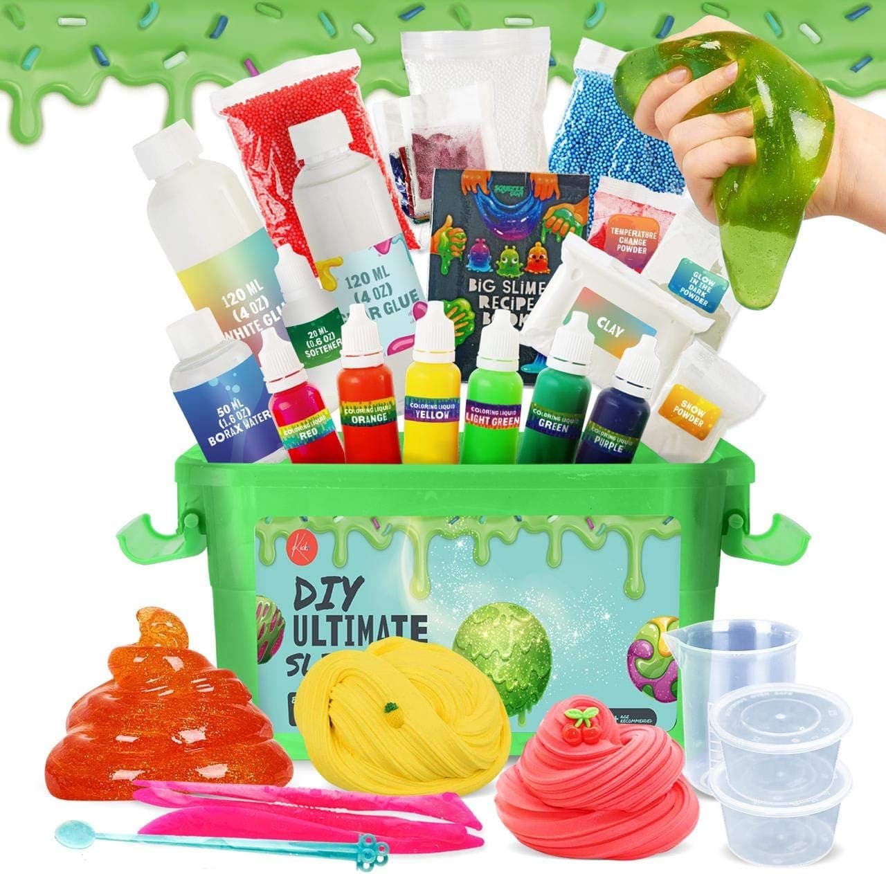 Kicko Slime Making Set Ultimate DIY - 56 Piece Slime Kit with Storage Box - Fluffy, Beads, Glitter, Glue, Glow in The Dark, Color Dyes - for Boys, Girls, Party Favors