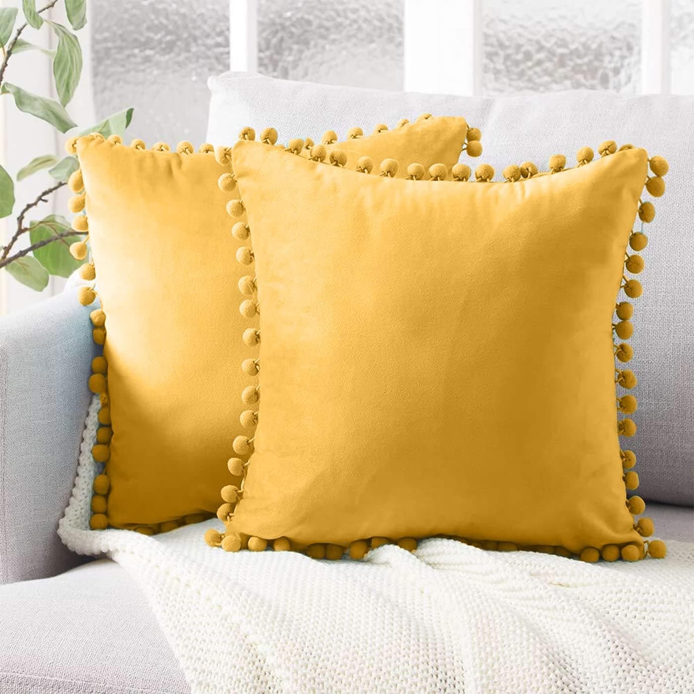 Pillow Covers with Pom Poms, Velvet Boho Throw Pillow Case for Room Couch Sofa Bed Decor, Set of 2, Solid Color