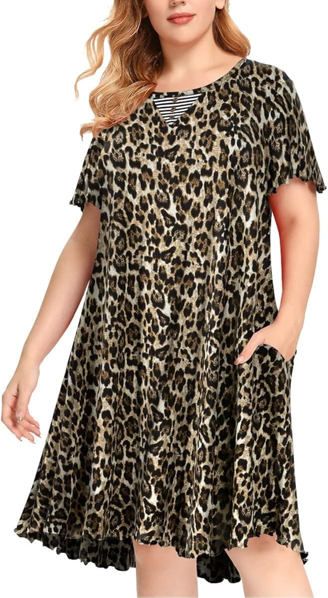 MONNURO Short Sleeve Plus Size Nightgown Ruffle Seams Sleeping Shirt Dress with Pockets for Women Sleepwear