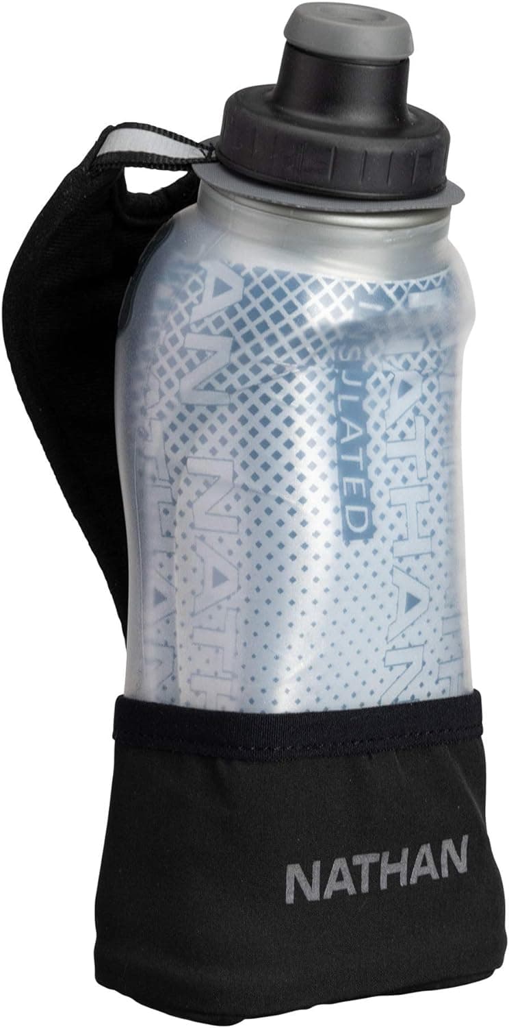 Nathan Running Handheld Quick Squeeze. No-Grip Adjustable Hand Strap. 12oz / 18oz / Insulated. Reflective Hydration Water Bottle. (12oz Insulated, Black)