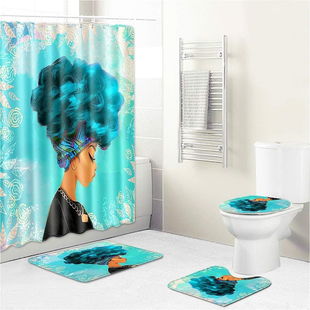 4PCS/Set African Woman Shower Curtain Set with Non Slip Rugs, Toilet Lid Cover and Bath Mat, Waterproof Shower Curtain with 12 Hooks for Bathroom Decor, African Woman Green Hair…