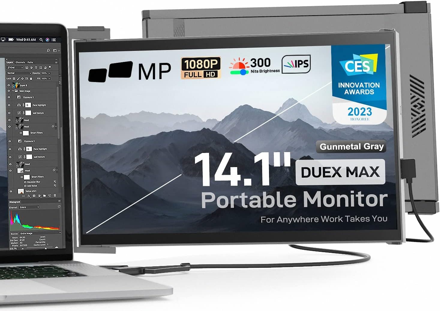 New Mobile Pixels Duex Max 14.1" Portable Monitor, Full HD 1080P IPS Auto Rotated Laptop Screen Extender, USB A/Type-C USB Powered Plug and Play, Windows/Mac/Android/Switch Compatible (Gunmetal Grey)