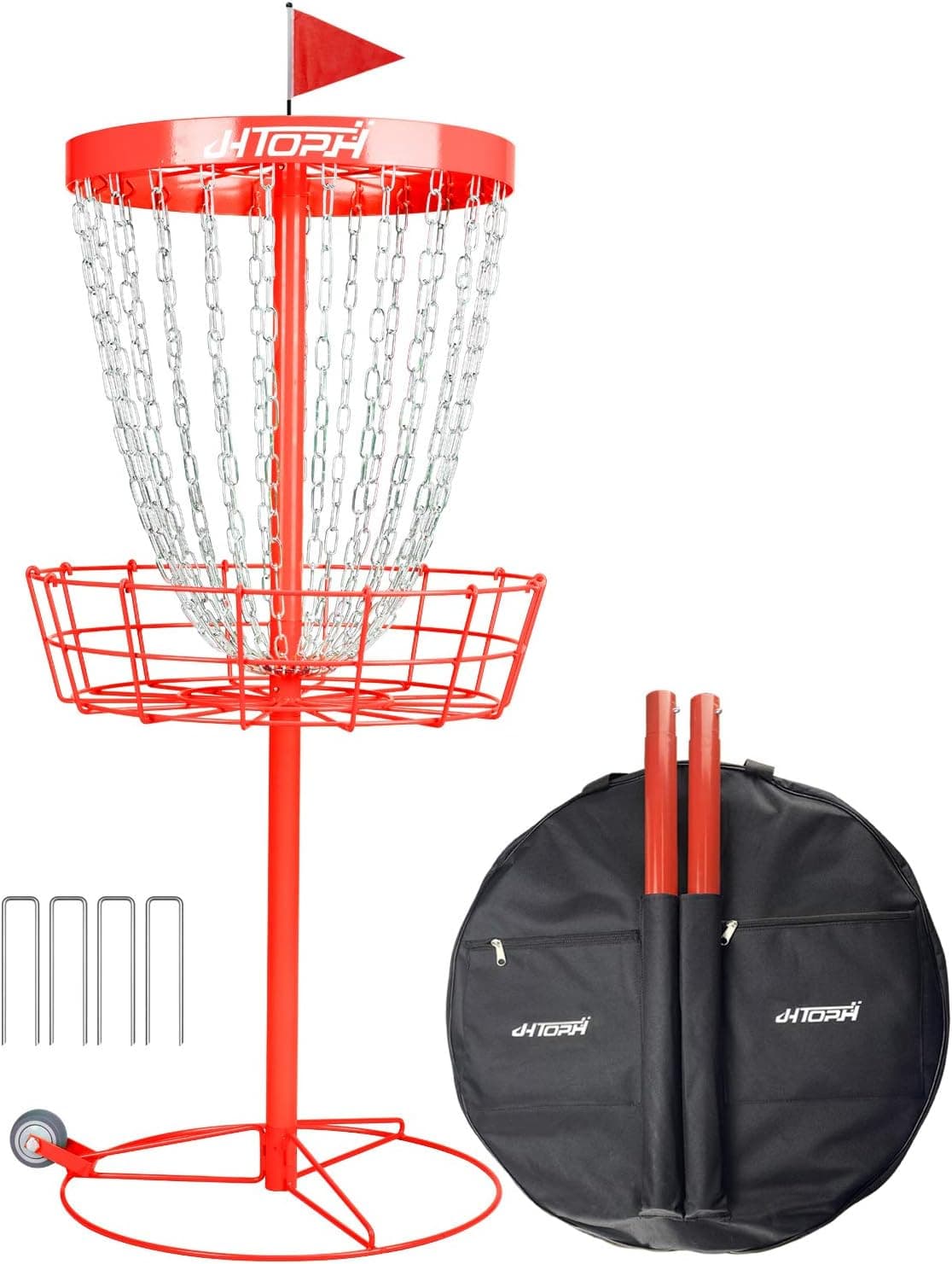 JHTOPJH Disc Golf Basket - Golf Targets Portable with 24 Chains Wheels and Carrying Bag Disc Golf Practice Baskets Sets Red