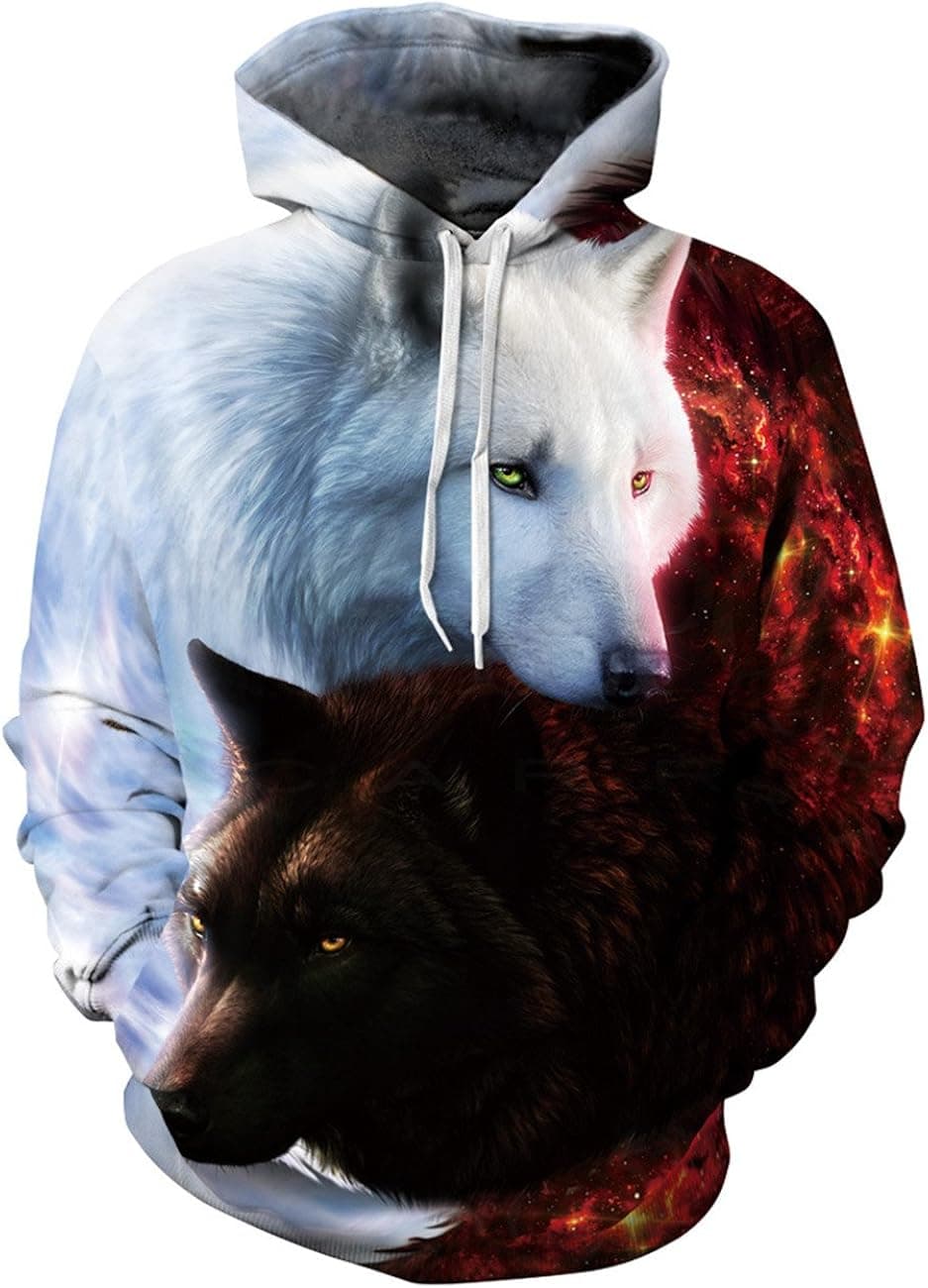 Men's Casual Long Sleeve 3D Digital Print Ice and Fire Wolf Design Lover's Fashion Sports Pullover Hoodies(S,bunt) Yellow