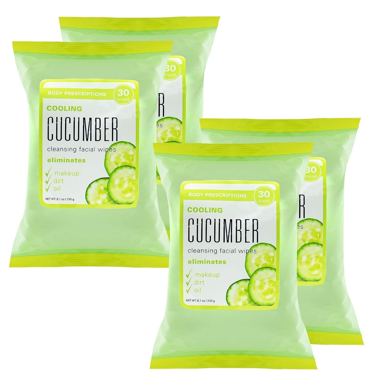 Body Prescriptions Face Wipes & Makeup Remover Wipes - 4 Pack (30 Count Each) of Gentle Facial Towelettes – (Cooling Cucumber)