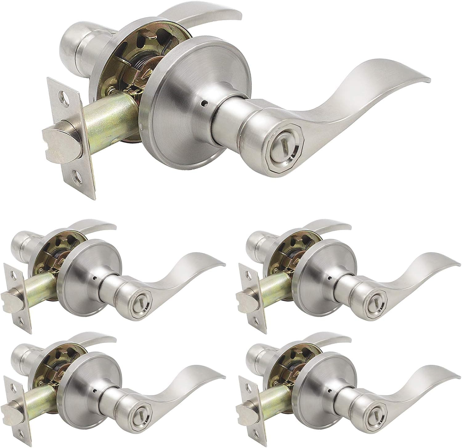Knobonly 5 x Privacy Door Handles Lever Keyless Brushed Nickel Right Or Left Handed Bed/Bathroom Door Leverset