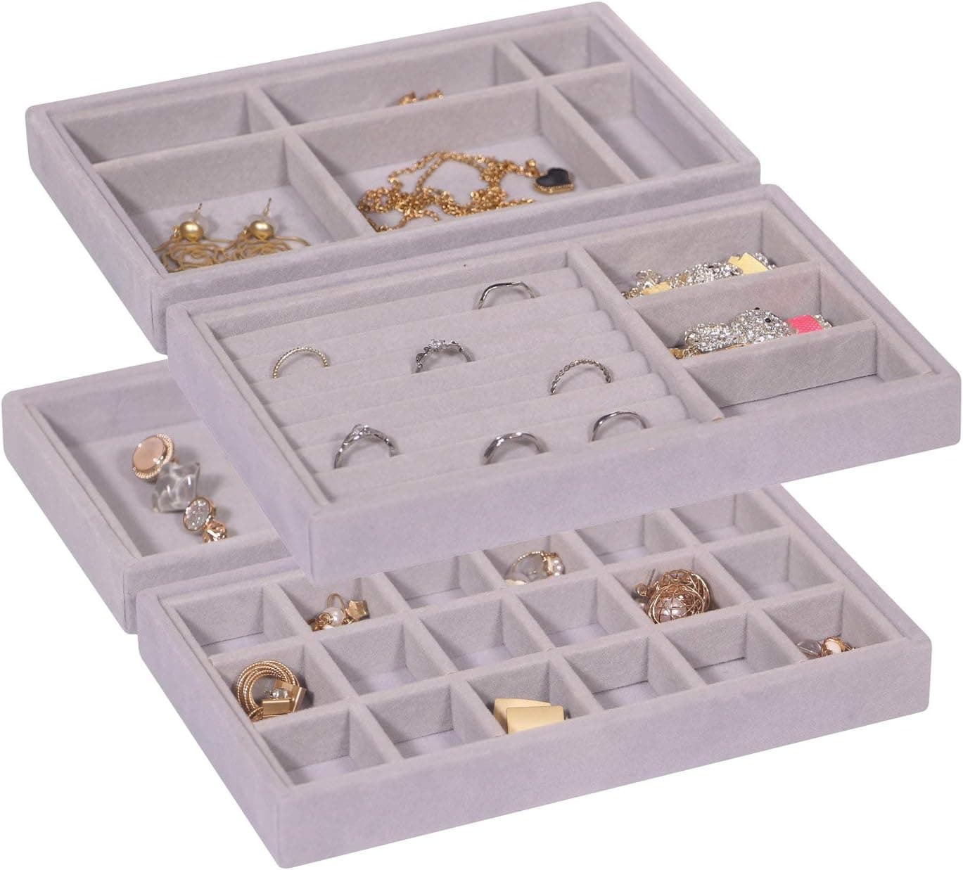 DIOMMELL 4 Pack Stackable Velvet Jewelry Trays Organizer, Closet Dresser Drawer Organizers Jewelry Storage Box Showcase Holder Display Tray for Earring Bracelet Necklace Ring Accessary