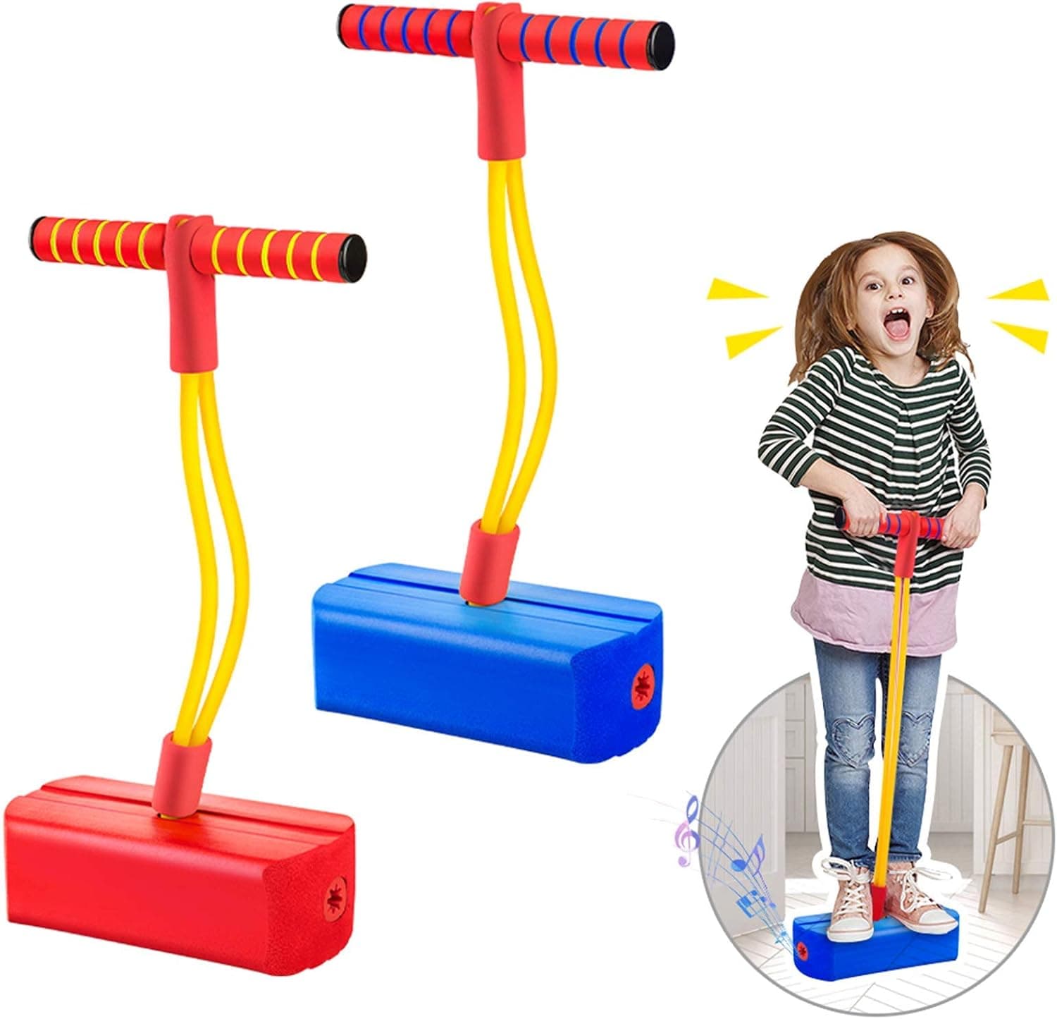 2 Pack Foam Pogo Stick Bungee Jumper for Kids Outdoor Toys, Foam Bouncing Toy for Kids Age 3 and up, Squeaky Sounds Pogo Sticks Supports up to 250lbs (Blue&Red)