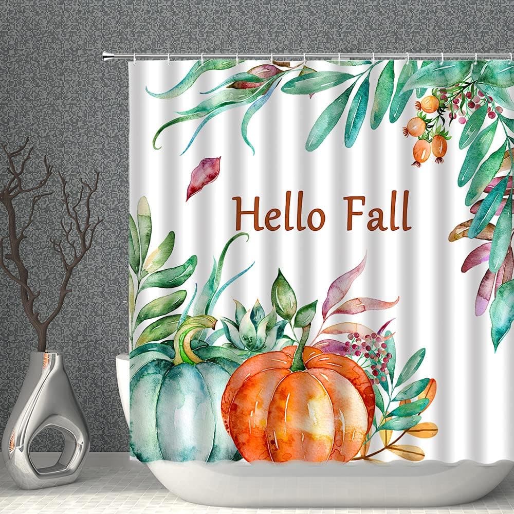 AMNYSF Pumpkins Shower Curtain Watercolor Fall Pumpkin Leaf Autumn Thanksgiving Halloween Decor Fabric Bathroom Curtains,Polyester with Hooks 70x70 Inch, Green Orange
