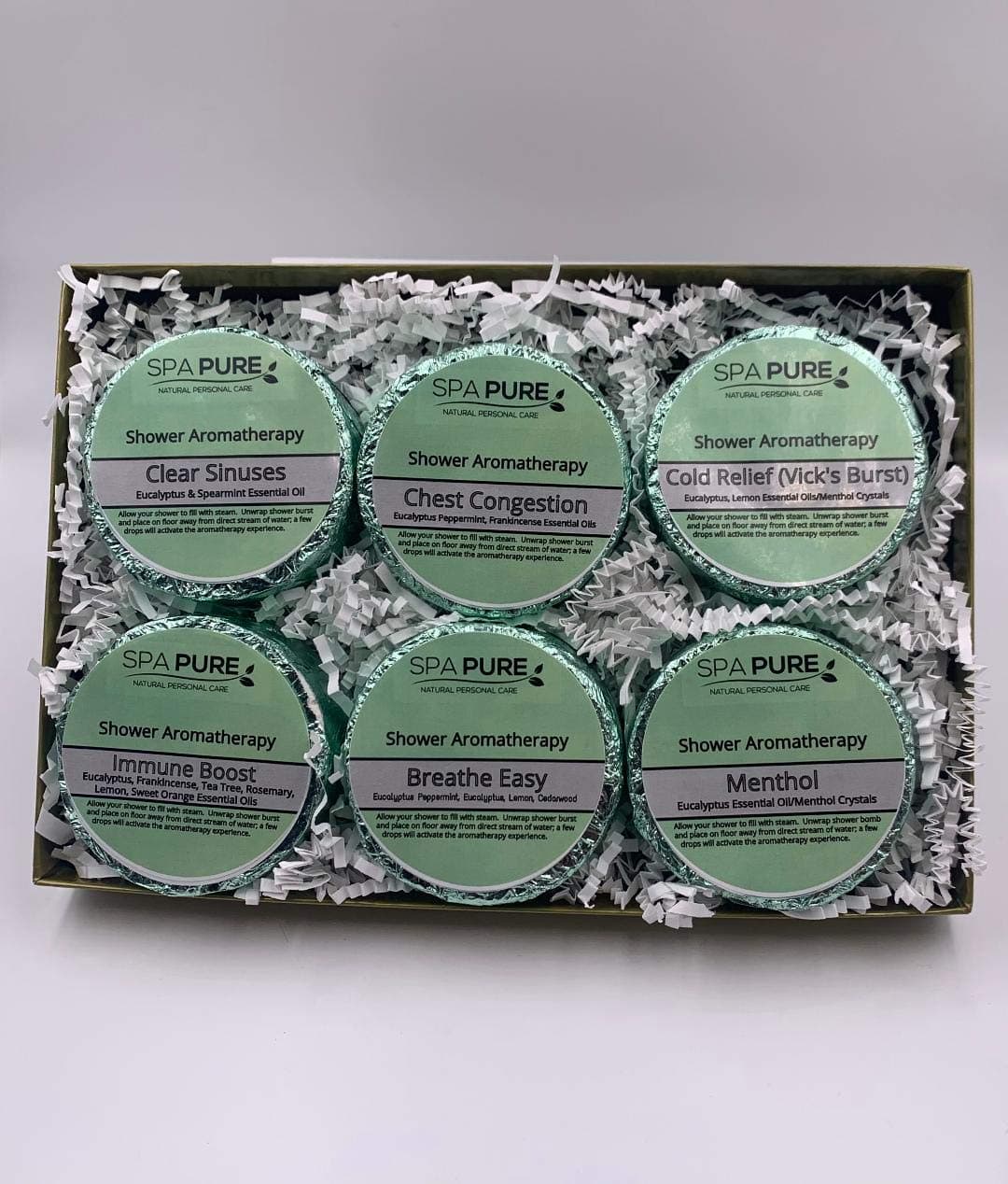Spa Pure Aromatherapy Shower Tablet: Gift Set, 6 Individually Wrapped - 4 oz Tablets, Shower fizzies in SAGE foils, Makes an Amazing Gift (Eucalyptus)