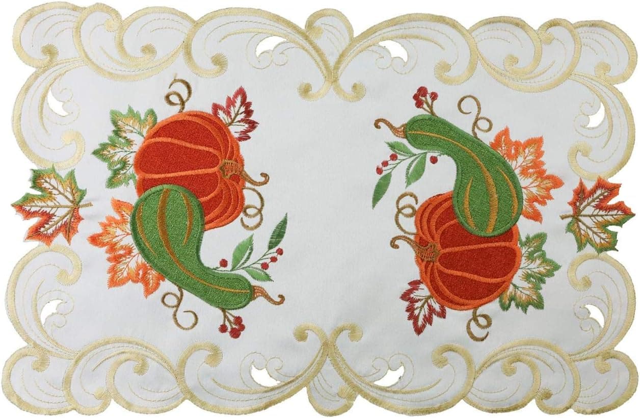 Creative Linens 4PCS Fall Harvest Thanksgiving Placemats 11x17”, Embroidered Pumpkin Patch Maple Leaf Place Mats Tray Cloths Ivory, Set of 4 Pieces