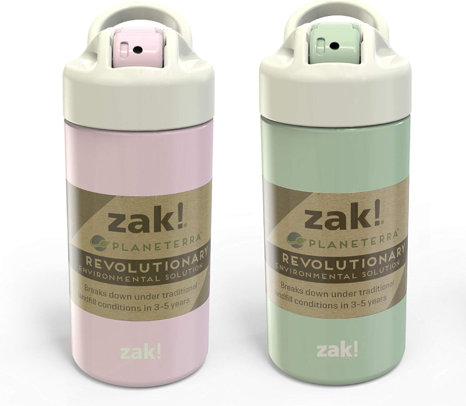 Zak Designs Planeterra Icicle & Rosewater 18 oz Set of 2 Reusable Straw Water Bottle with Built-In Handle for Travel, Made with Durable Plastic
