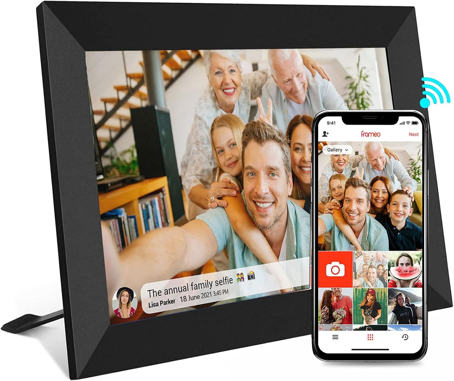 FRAMEO Digital Photo Frame WiFi 10 Inch 1280x800 IPS Touch scrreen, Auto Rotate Portrait & Landscape, Easy to Set up.16 GB Storage, Share Photos & Videos Anywhere via Lifelong Free Frameo APP