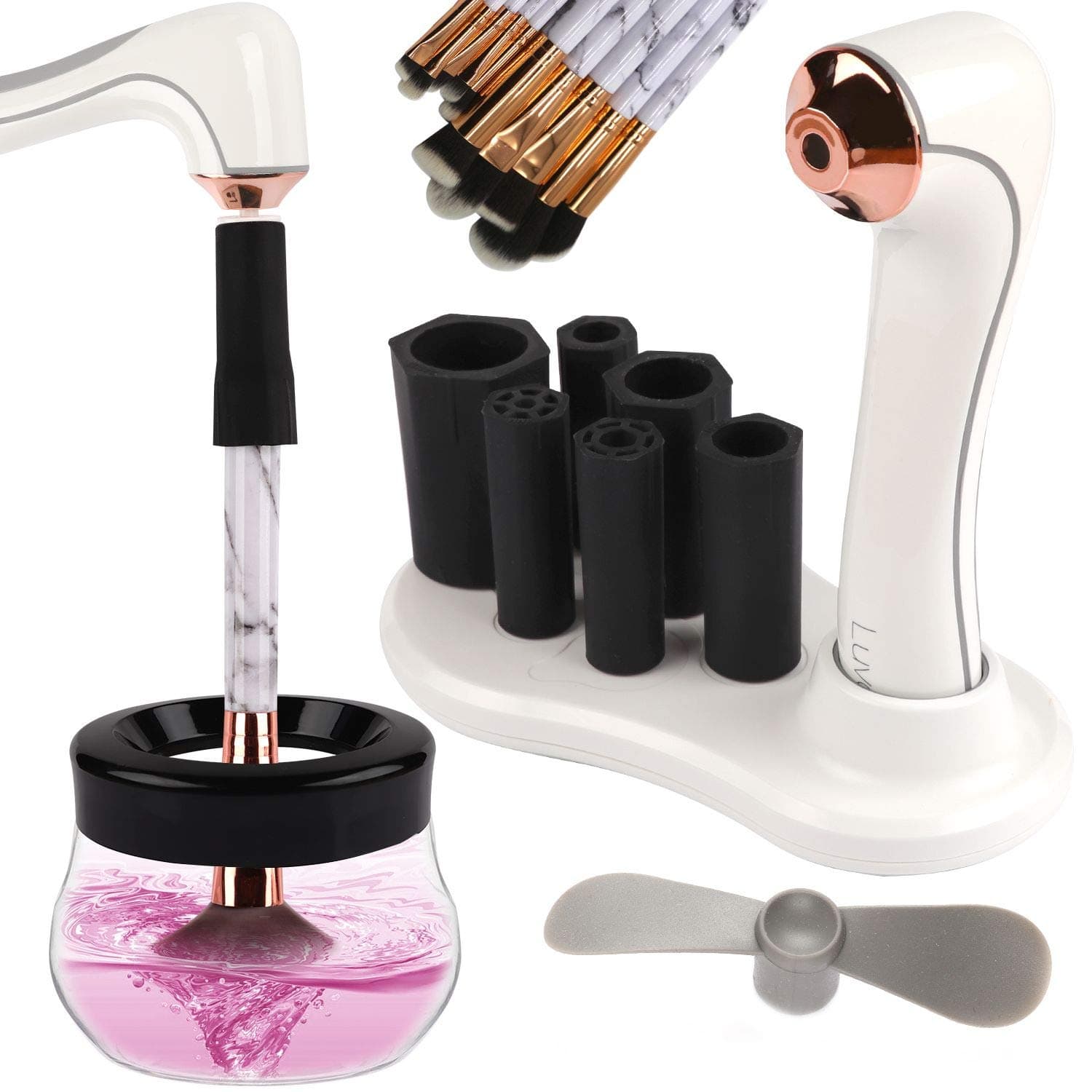 Luvomy Makeup Brush Cleaner with 10 Premium Makeup Brushes, Portable Cosmetics Brush Cleaner and Dryer Machine, Electric Brush Cleaning Set With Powerful Spinner & USB Rechargeable Battery (White)