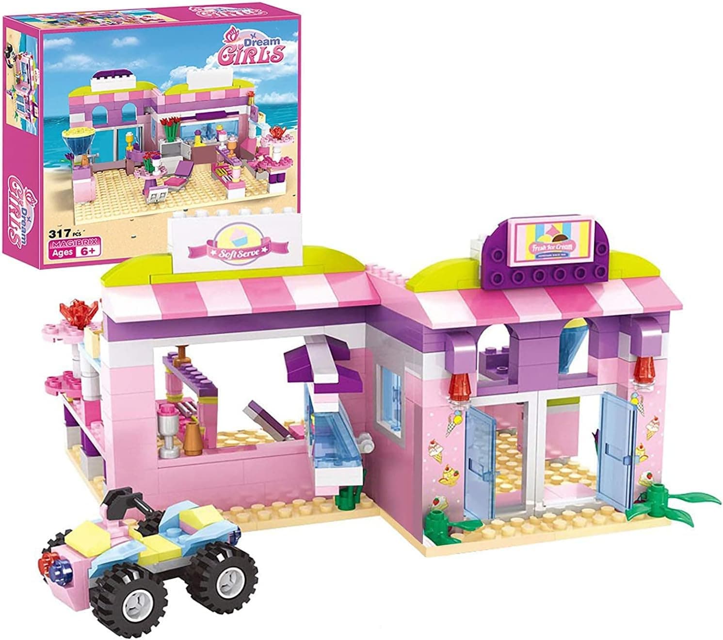 Dream Girls Friends Ice Cream Shop Building Set with 3 Mini People - Pink Seaside Beach Dessert Shop Building Bricks Set for Girls Aged 6-12 and Up, 317 PCS