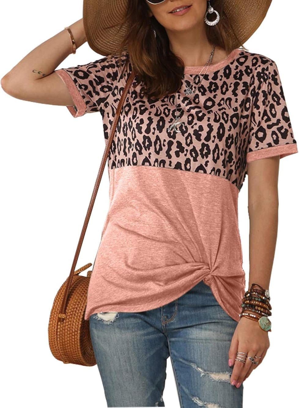 Bunanphy Womens Short/Long Sleeve Round Neck Leopard Color Block Side Twist Cute Blouse Tunic Top T Shirt