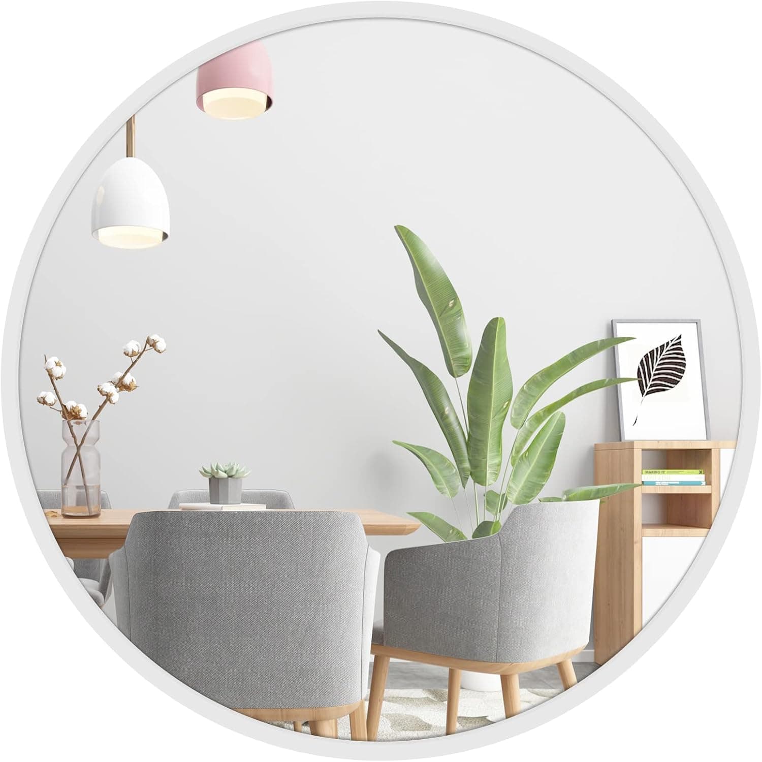 Golden State Art, 24" White Round Mirror, Wall Mounted Circle Mirror, Metal Framed Circular Mirror for Bathroom Vanity, Bedroom, Living Room, Home Decor Mirros, White