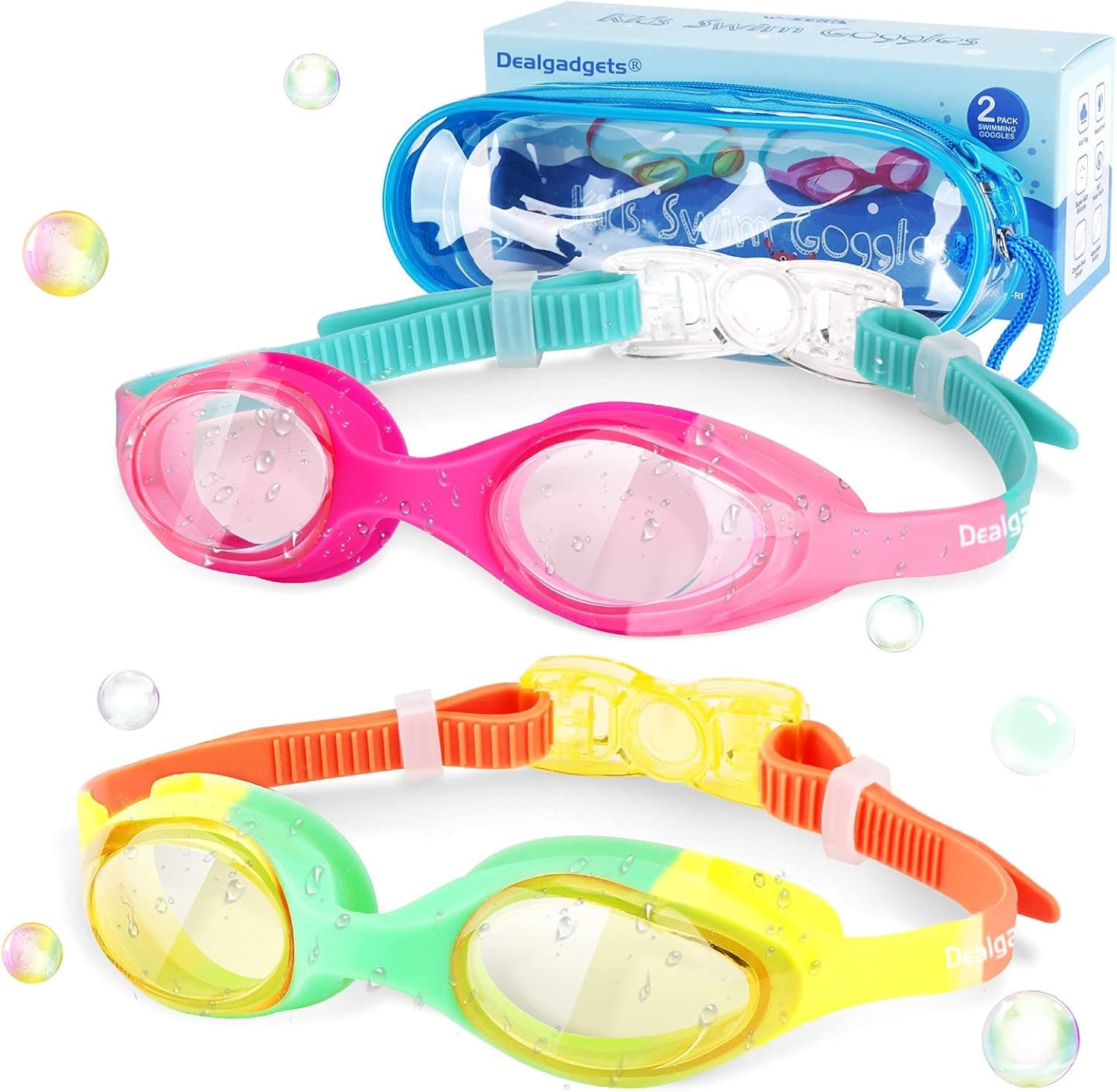 Kids Swim Goggles, 2 Packs Anti-Fog Leak Proof Kids Goggles, Anti-UV Clear Vision, 3D Tight Fit Design with Soft Silicone, Suitable Swimming Goggles with Portable Case for Kids 6-14 Boys and Girls