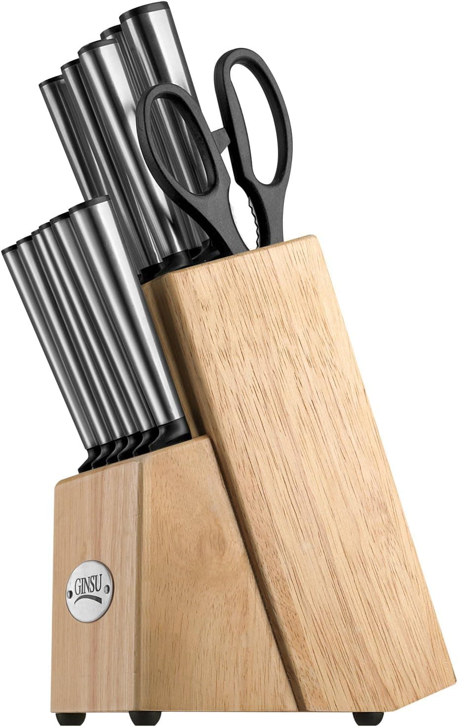 Ginsu Koden Series 14-Piece Stainless Steel Serrated Knife Set – Cutlery Set with Stainless Steel Kitchen Knives in a Natural Block,