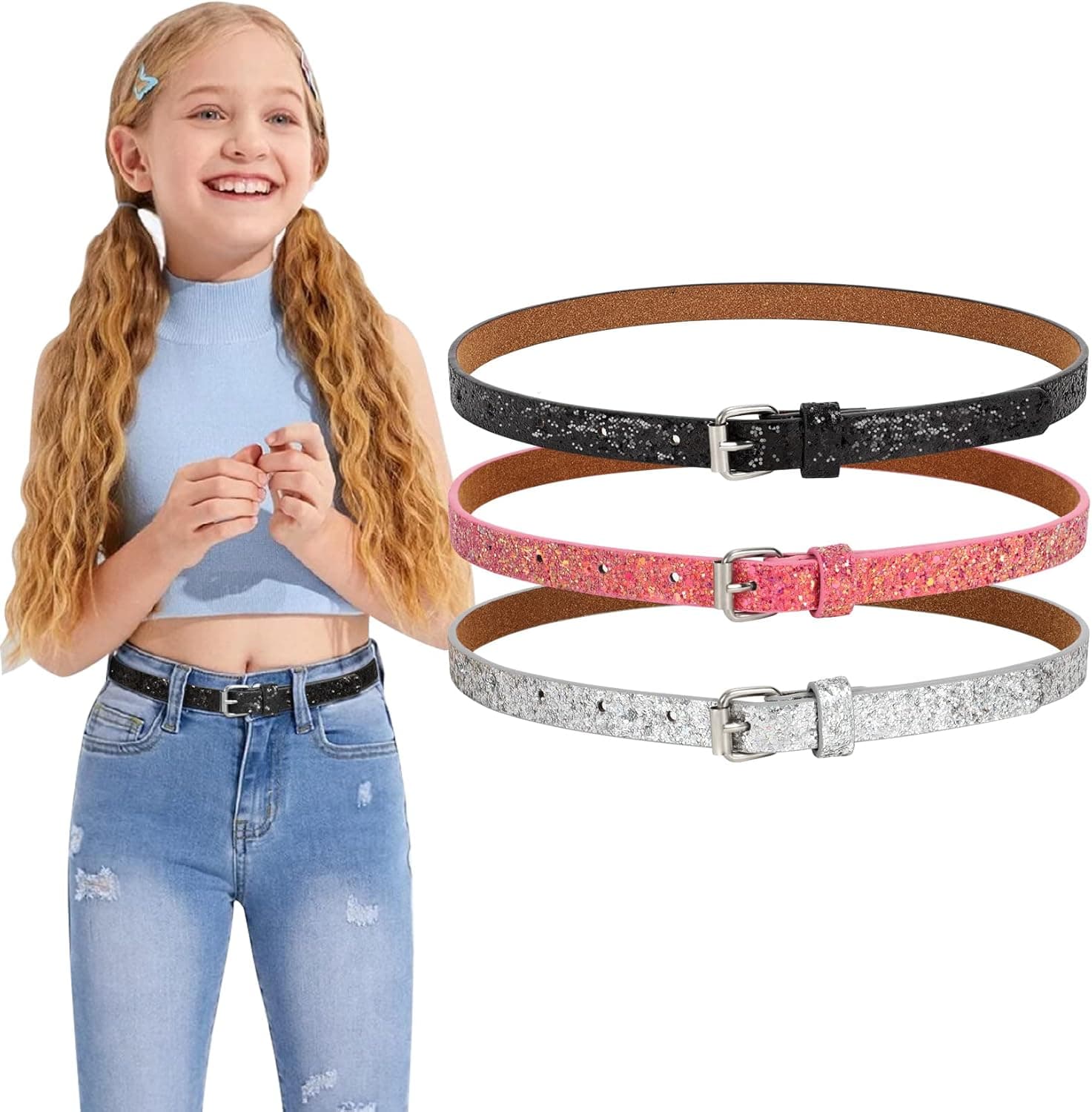 WERFORU Kids PU Leather Skinny Belt for Girls Boys Teen Child Thin Shiny Glitter Waist Belt for Jeans Dress