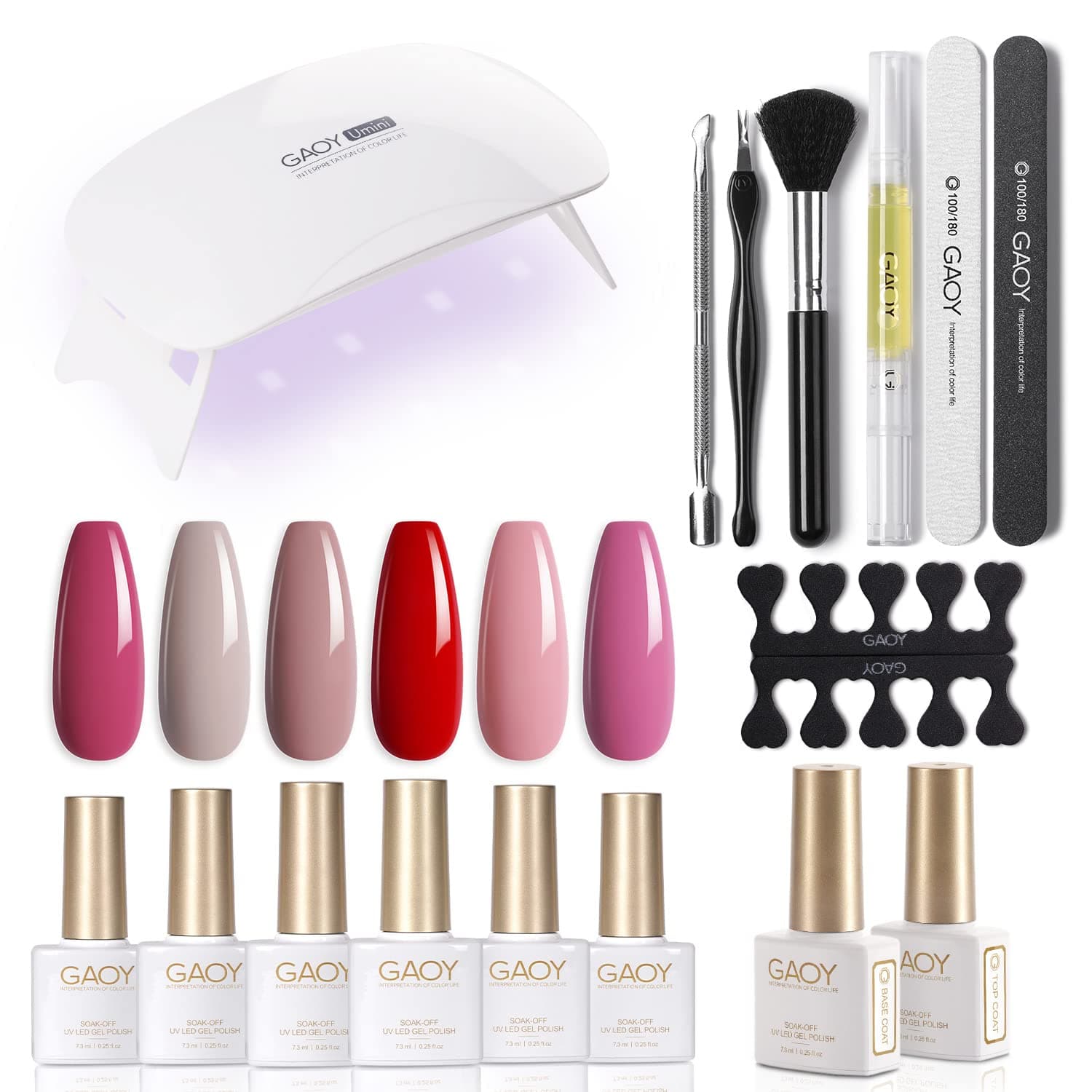GAOY Gel Nail Polish Kit with USB UV Light, 6 Colors including Pink Red Gray Gel Nail Set with Top Coat and Base Coat and Manicure Tools for Nail Art Home DIY Gel Nail Kit