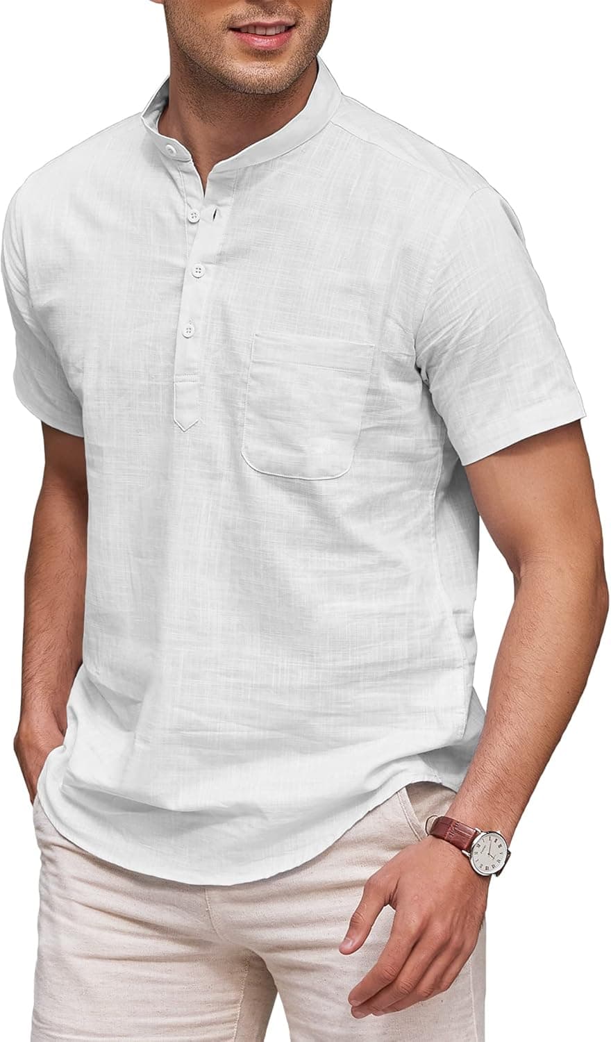 Yitrend Men's Cotton Linen Henley Shirt Summer Casual Short Sleeve Hippie Beach T-Shirts Plain Light