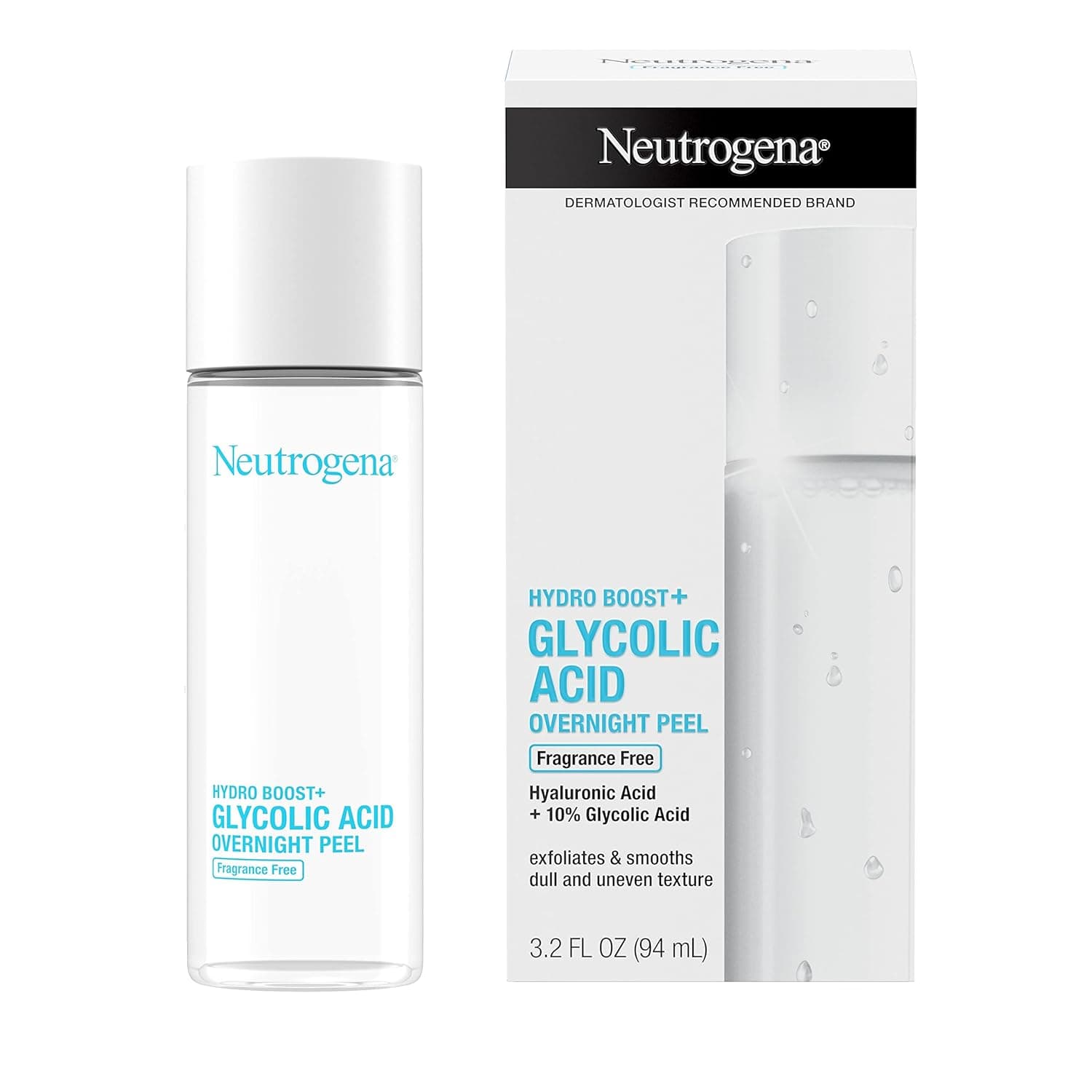 Neutrogena Hydro Boost+ Glycolic Acid Overnight Peel, Face Peel with Hyaluronic Acid & 10% Glycolic Acid to Exfoliate & Smooth Dull & Uneven Skin Texture, Fragrance-Free, 3.2 fl. oz