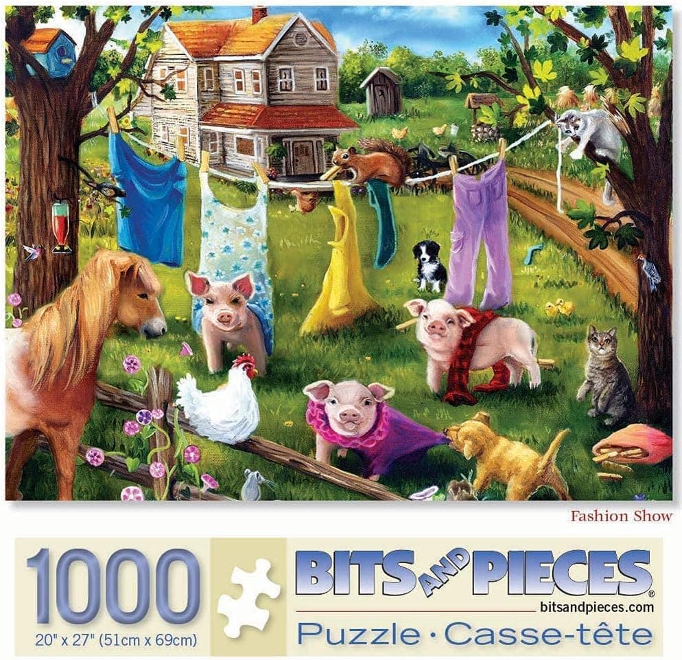 Bits and Pieces - 1000 Piece Jigsaw Puzzle for Adults 20" x 27" - Fashion Show - 1000 pc Pig Laundry Clothing Line Fashion Cat Kitten Animal Country Home Dog Jigsaw by Artist Brooke Faulder