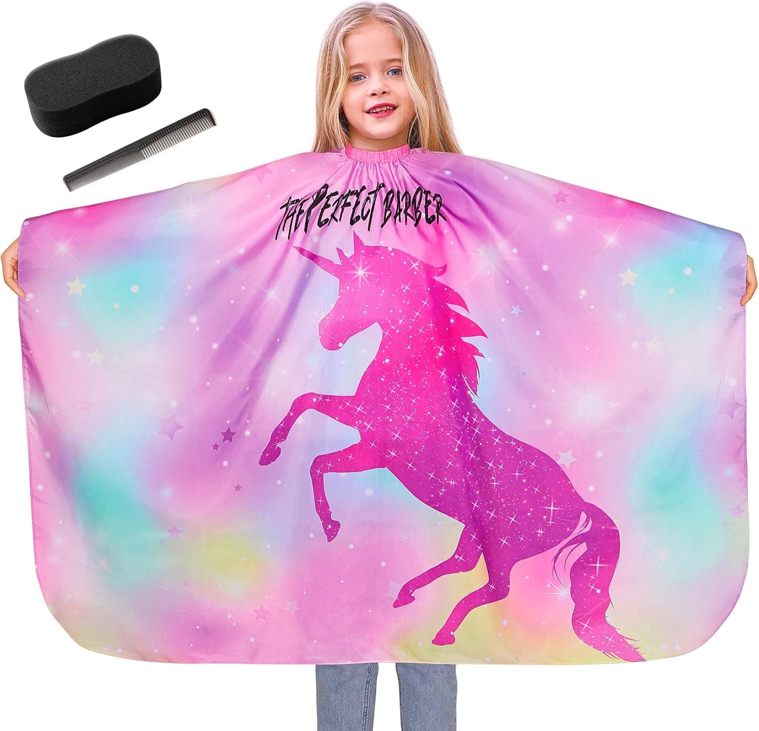 MHJY Girls Haircut Barber Cape with Sponge Brush and Comb,Unicorn Hair Cutting Apron Cape for Kids with Adjustable Closure