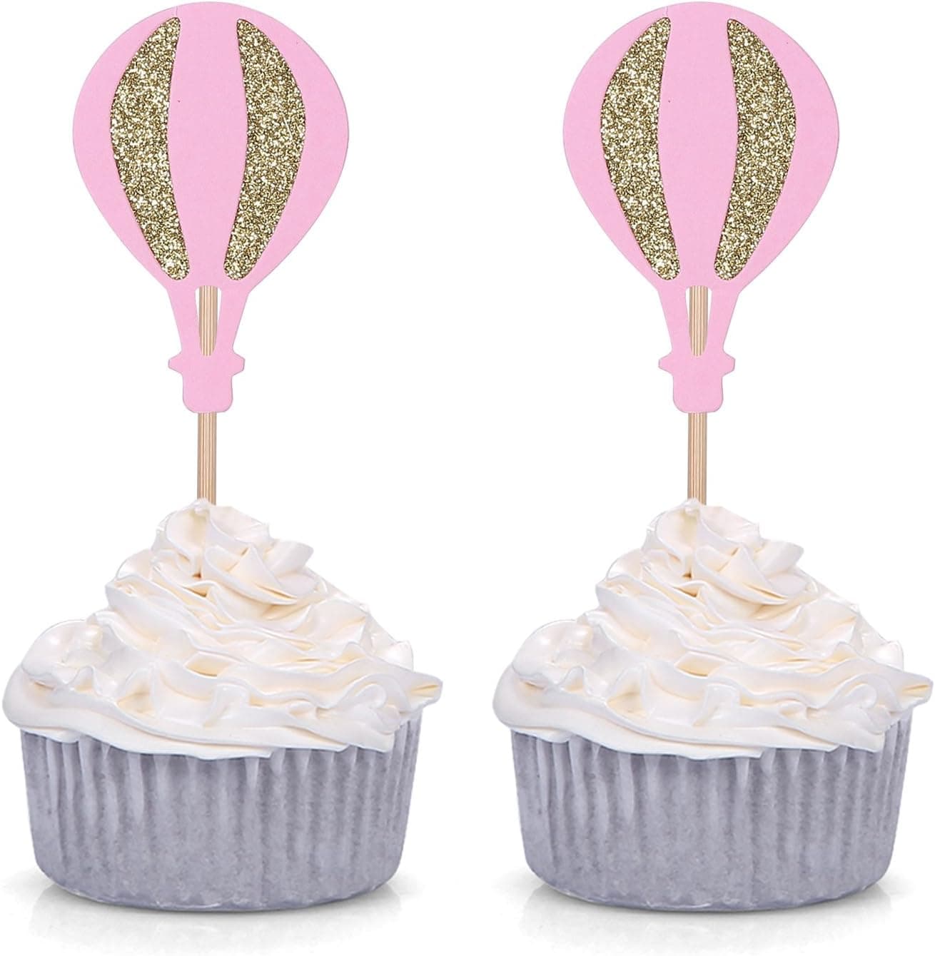 Giuffi Set of 24 Pink and Golden Hot Air Balloon Cupcake Toppers Party Decorations UP UP