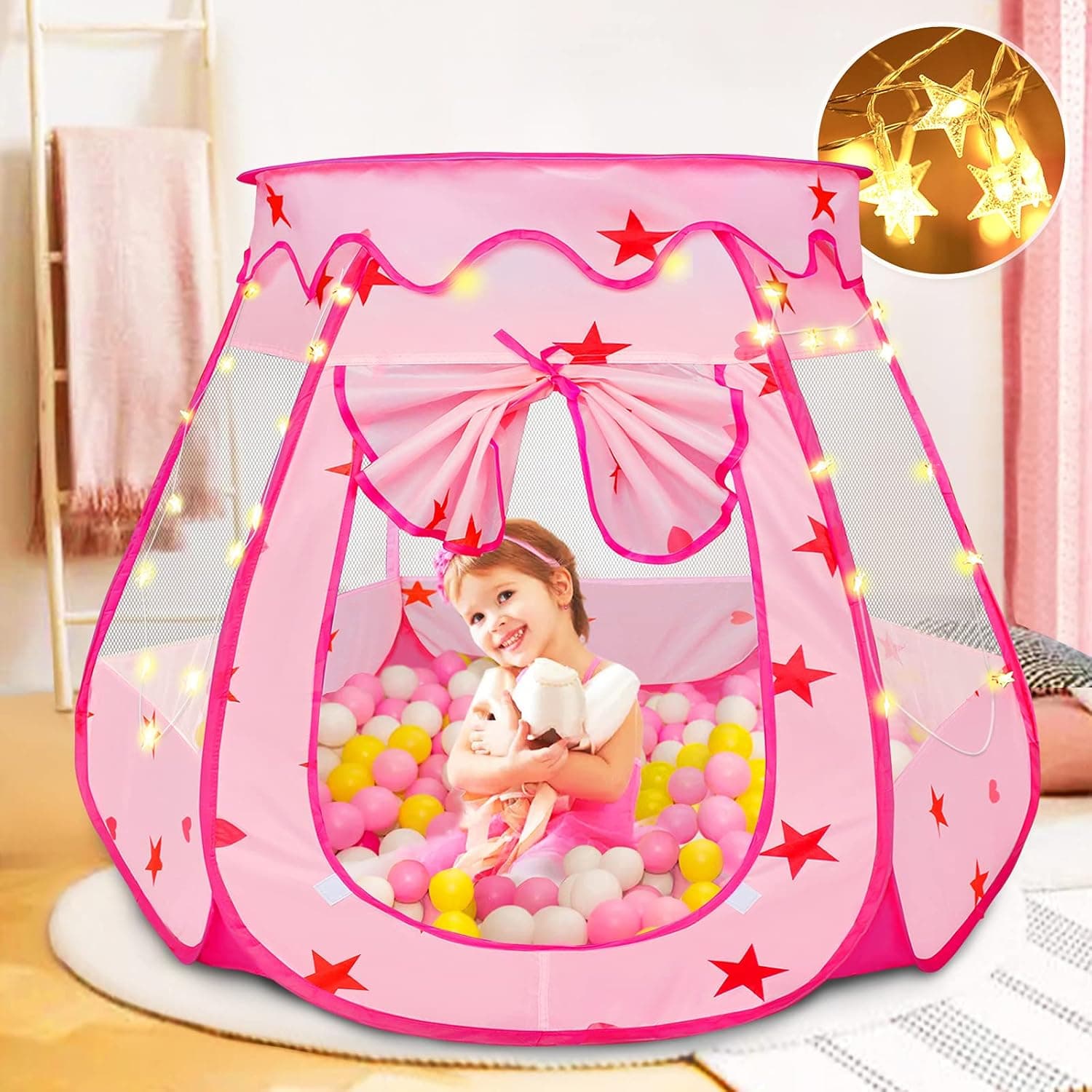 Wilhunter Baby Ball Pit for Toddler Girls Birthday Gifts, Kids Princess Tent with Star Lights, Children Pop Up Tent Toys, Easy to Assemble and Carry Around