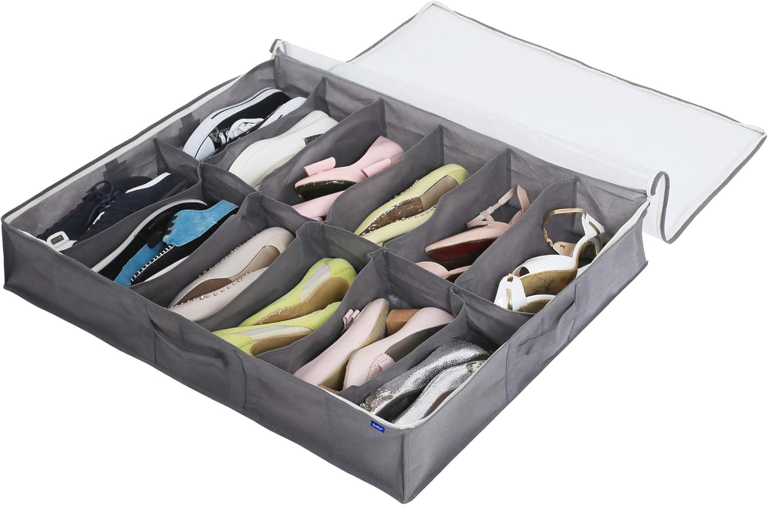 Surblue Under Bed Shoe Storage Organizer Underbed Shoes Closet Storage Solution 2 Metal zippers and 3 Handles with Clear Cover for Men's and Women's Shoes Fits 12 Pairs of Shoes, Set of 1, Grey