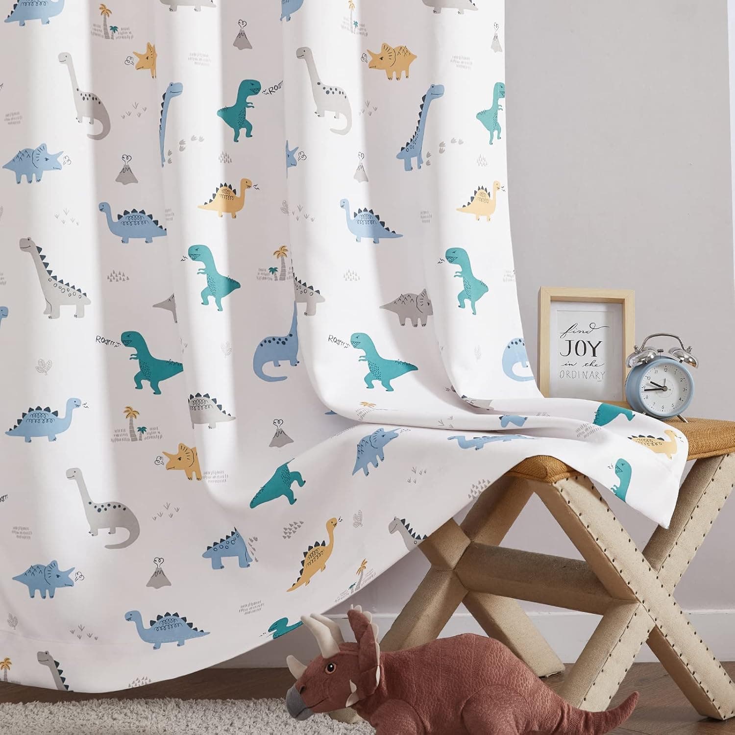 Vangao Dinosaur Curtains Kids Room Curtains 72 Inch Long Light Filtering Dino Nursery Curtains for Boys Bedroom Rod Pocket Drapes Window Treatment Set 2 Panels Blue Multi on White