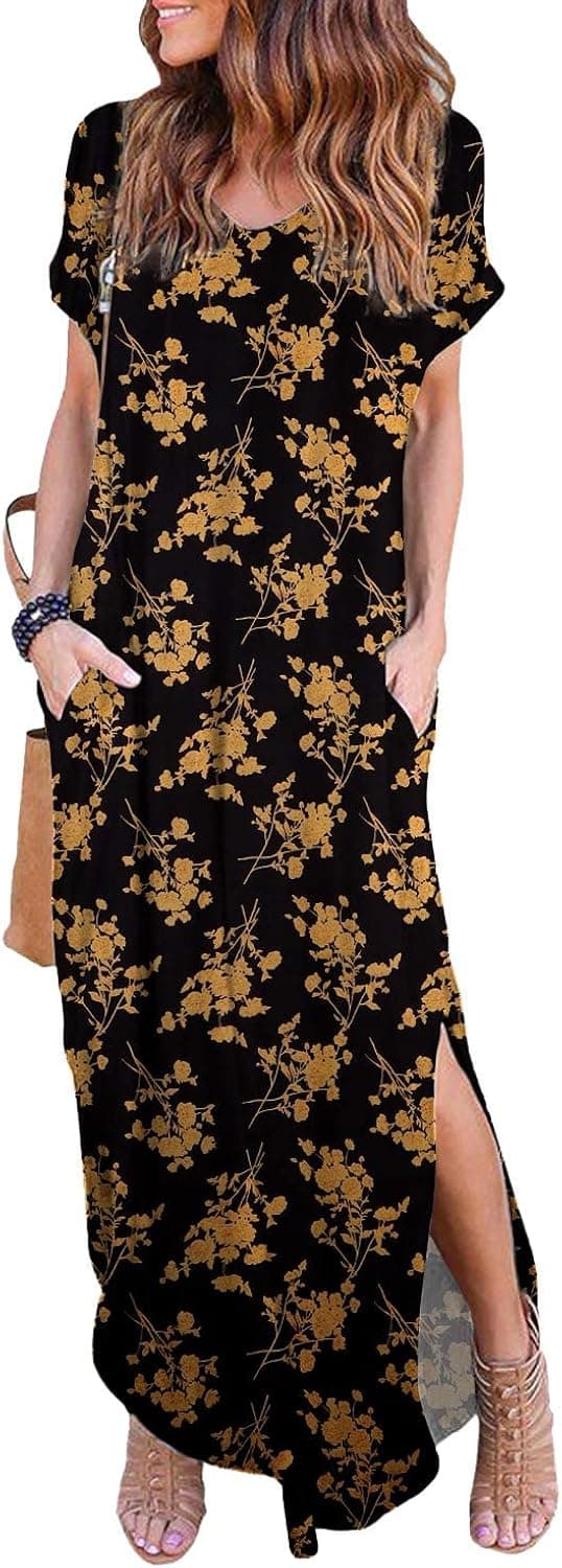 HUSKARY Women's Summer Maxi Dress Casual Loose Pockets Long Dress Short Sleeve Split