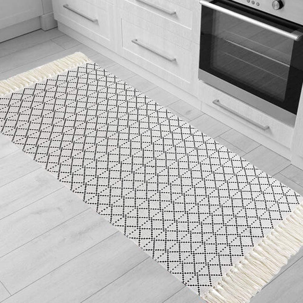 Kitchen Rug Runner Boho Bathroom Rug Black and White Bath Mat Woven Tassel Area Rug for Bedroom, Entryway, Laundry Room, Living Room, Doorway, 2' x 4.3'