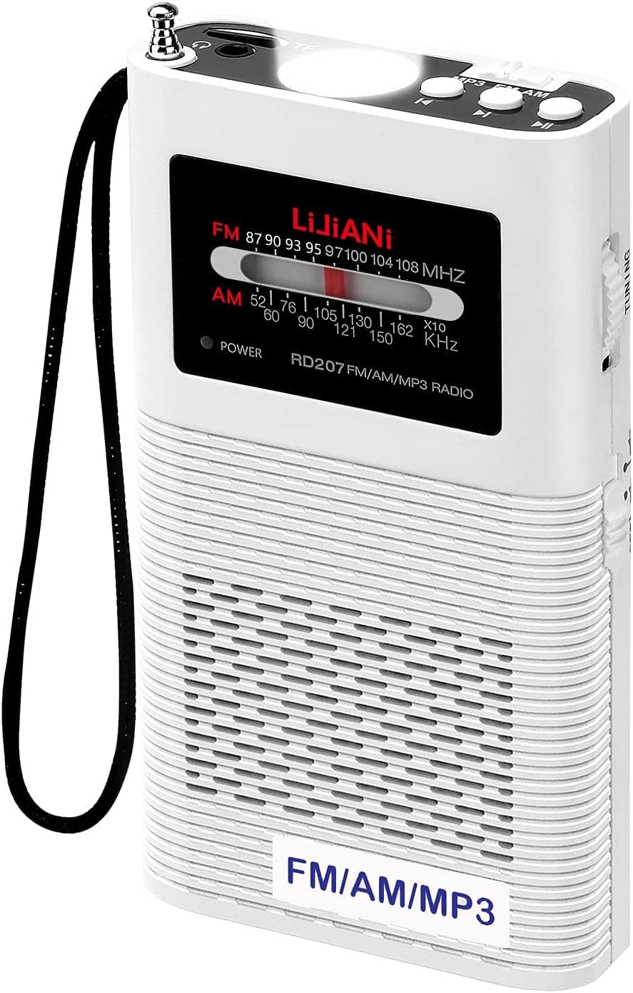 AM FM Portable Pocket Radio MP3 Player with Flashlight Operated by 2200mah Long Antenna Best Reception,Longest Lasting Transistor Powered Rechargable Battery with Bass and TF Card (White)