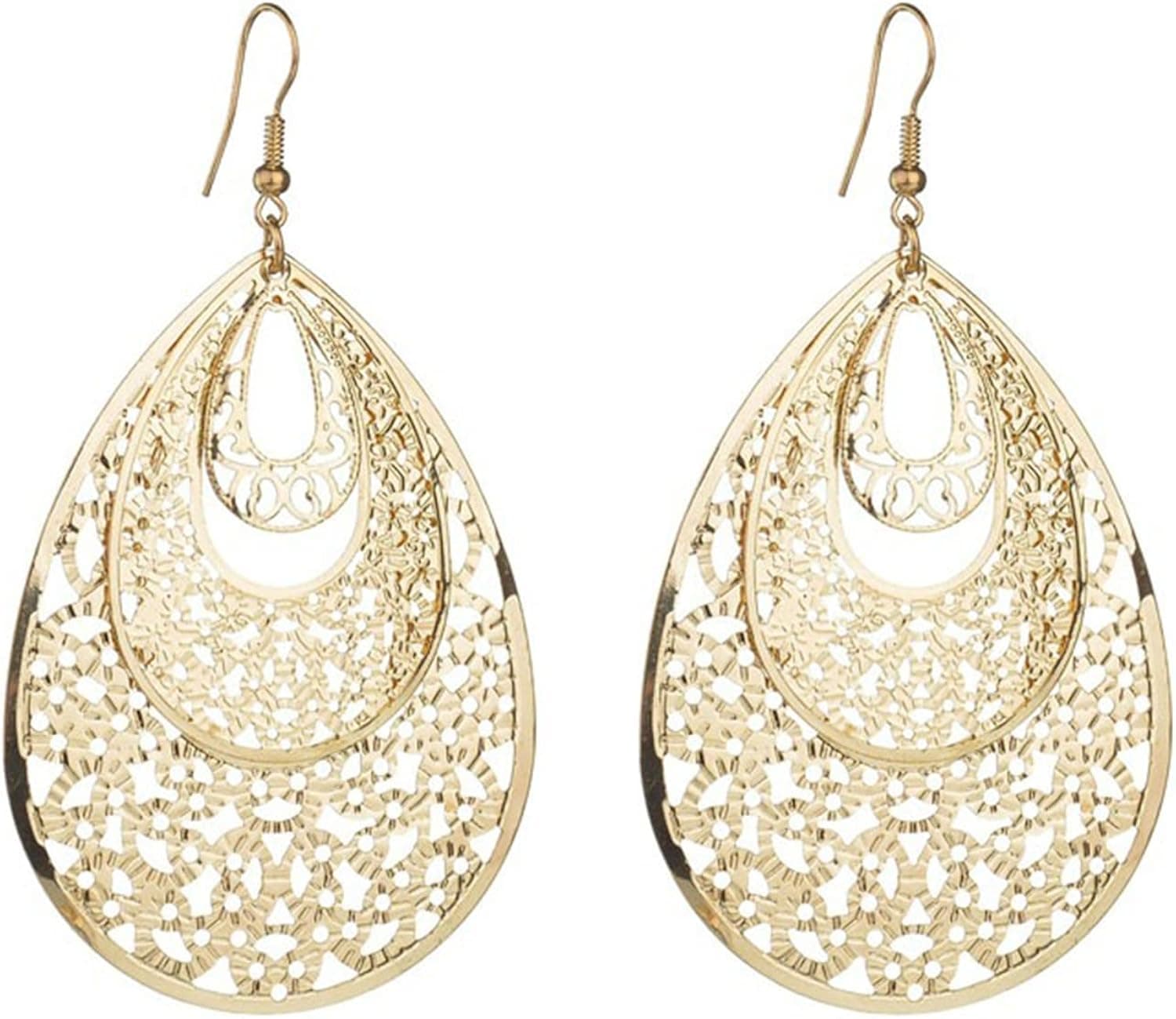 MALOYANVE Filigree Disc Drop Earrings for Women Girls Delicate Double Hollow Out Round Disc Statement Earrings Bohemian Metallic Disc Dangle Hook Earrings