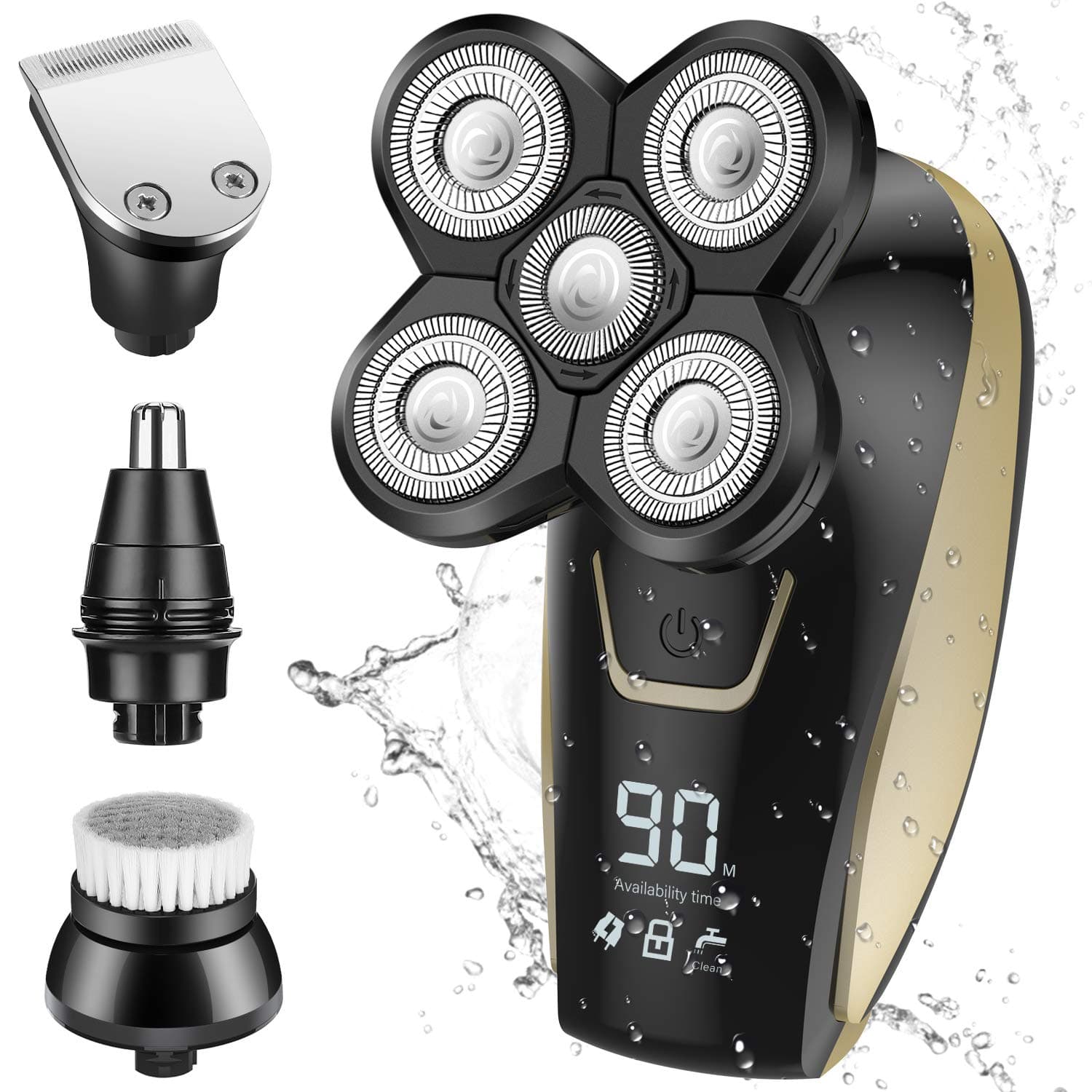 Electric Shavers for Men, 4 in 1 Bald Head Shaver with LED, Rechargeable Wet & Dry Electric Razor with Clipper, Nose Trimmer, Facial Brushes Electric Razor for Men Grooming Kit - Type-C Charge