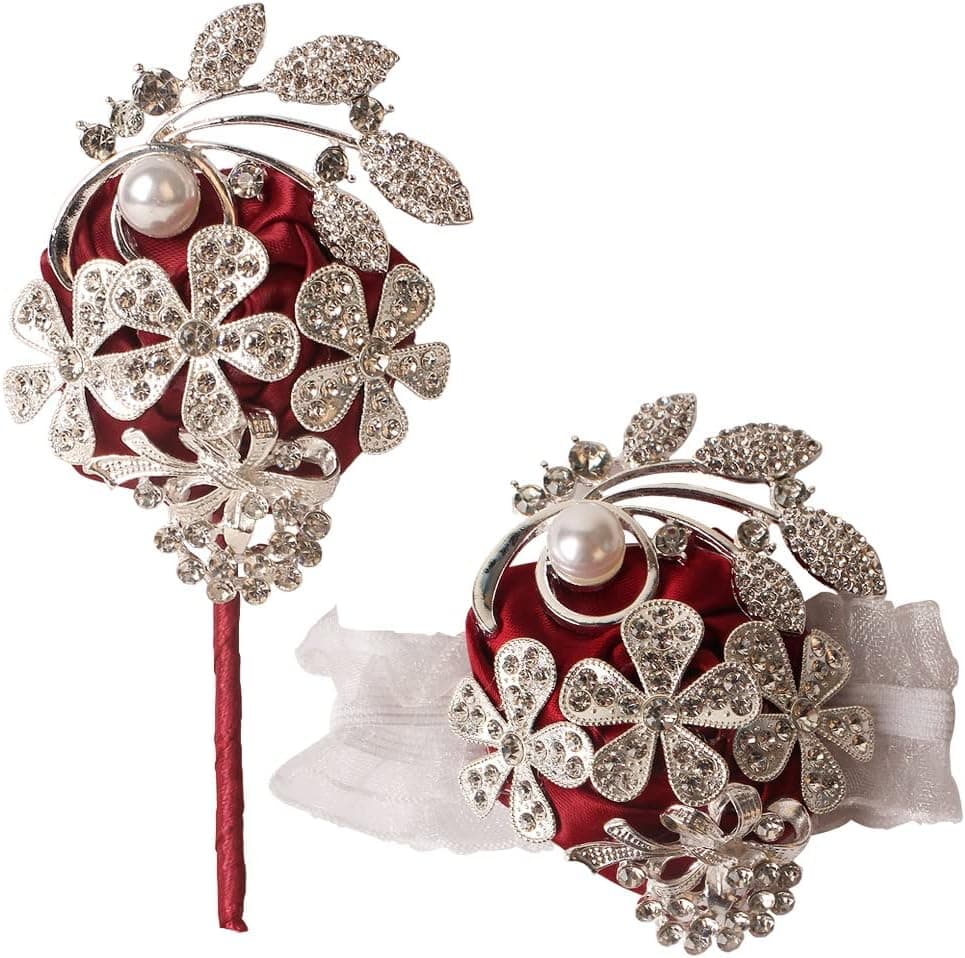 WANLIAN Wrist Corsage with Peal and Rhinestone Corsage and Boutonniere Set for Wedding,Prom,Party (Silver red，2 Pieces)