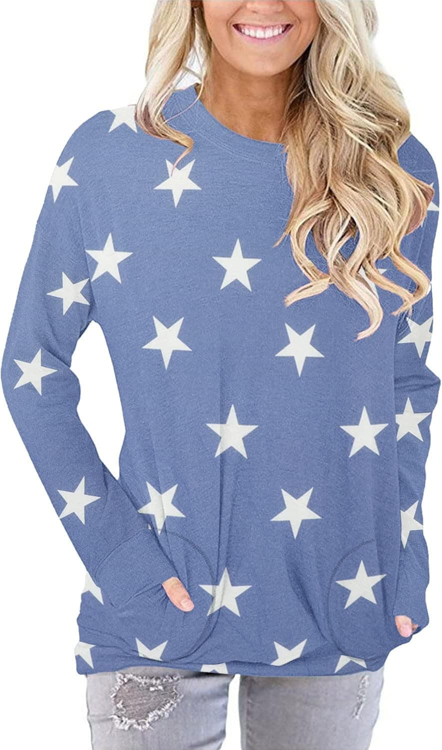 onlypuff Blue Long Sleeve Sweatshirt for Women Cut Pocket Tee Shirt Tunic Tops S