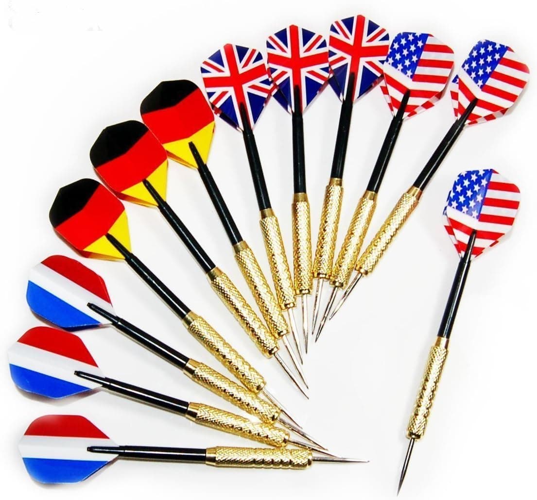 Monkeybrother 12 Pack Tip Darts with National Flag Flights (4 Styles) - Stainless Steel Needle Tip Dart with 2BA Aluminum Shafts