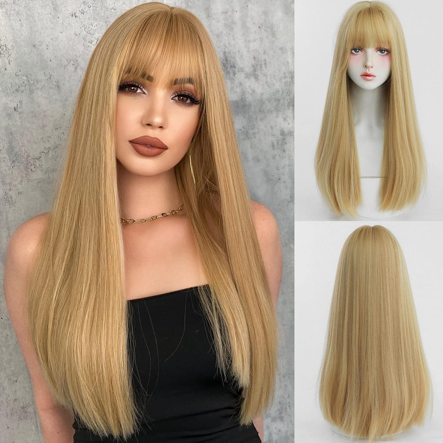 7JHH WIGS Blonde Wig With Bang For Women Long Straight Blonde Wig Synthetic Wig For Girl Emo Cosplay And Daily Use（23" Blonde
